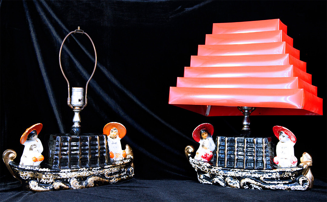 PAIR VTG MCM 1955 Silvestri Bros Oriental Asian Ceramic Lamp w/ Metal Shade PAIR VTG MCM 1955 Silvestri Bros Oriental Asian Ceramic Lamp w/ Metal Shade