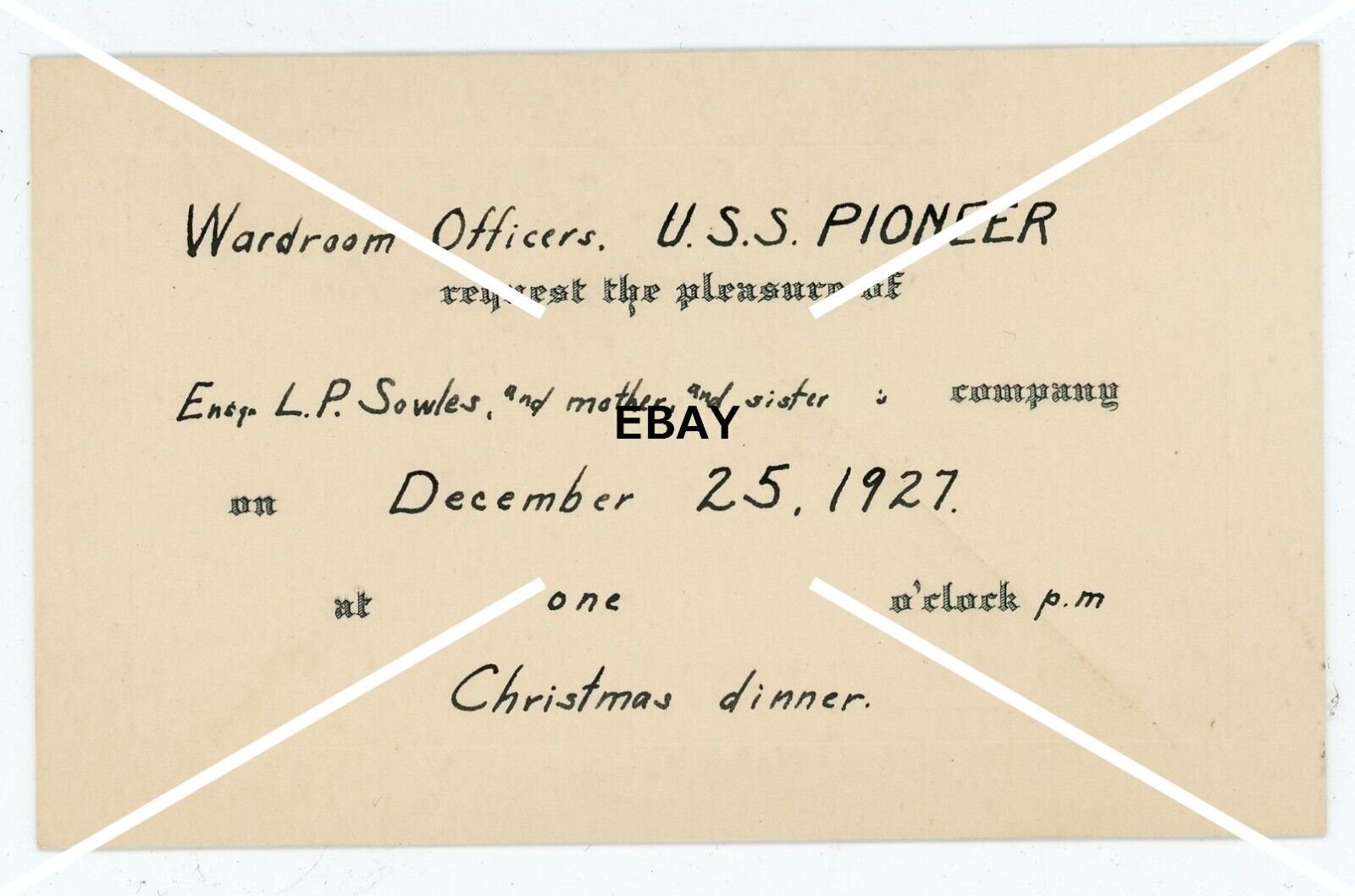 1927 USS Pioneer Invitation ENS L P Sowles Wardroom Officers Christmas Dinner