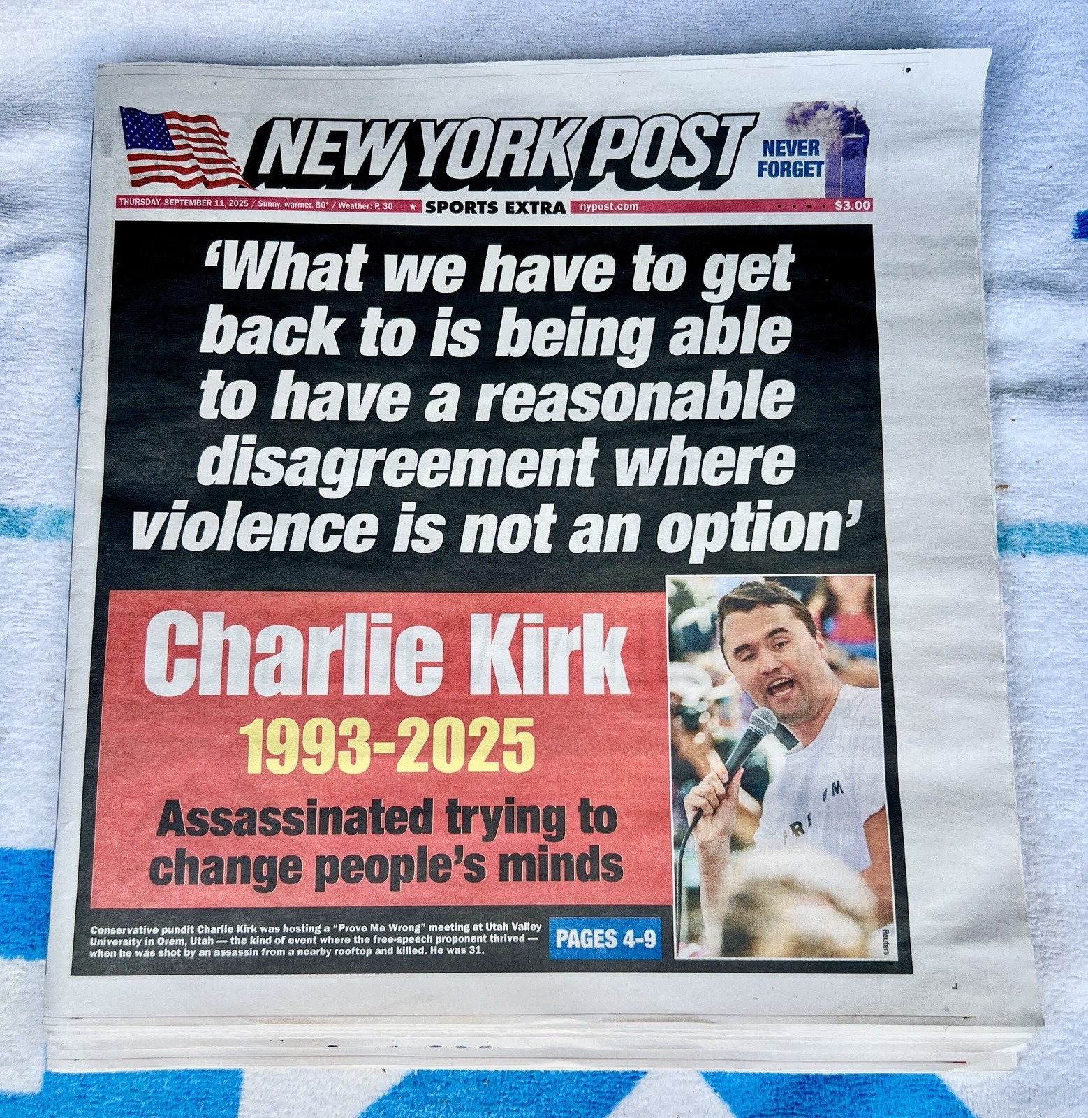 CHARLIE KIRK ASSASSINATION - DEAD NEW YORK POST NEWSPAPER 9/11 2025