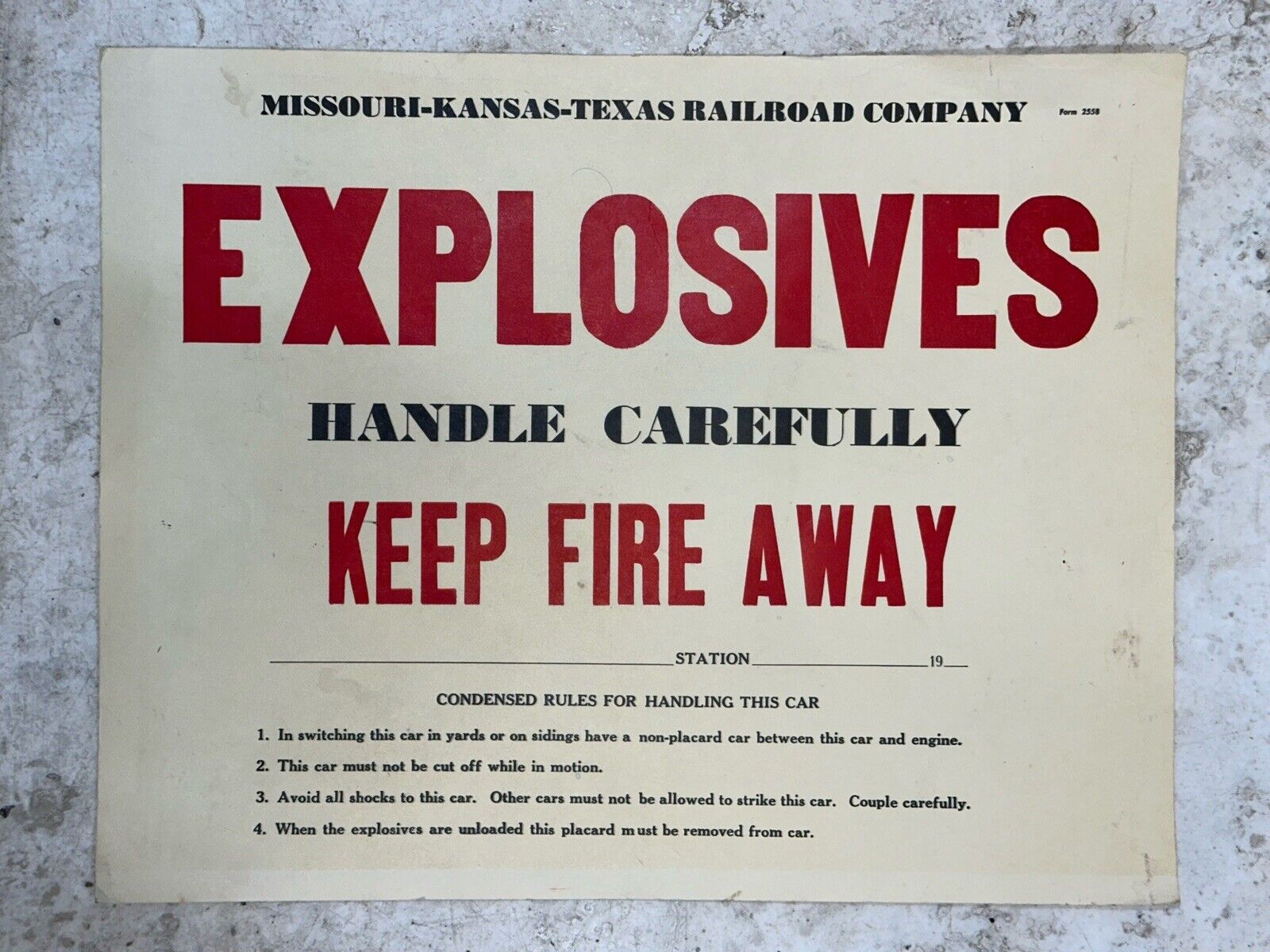 Vintage Railroad EXPLOSIVES Missouri Kansas Texas Poster Placard Keep Fire Away