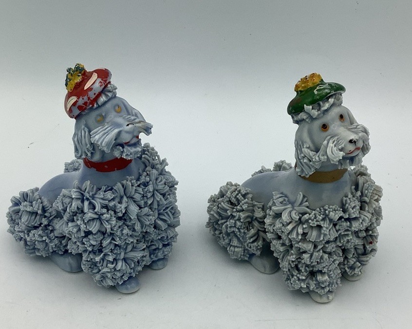 Set of 2 Vintage Mid-Century Light Blue Porcelain Spaghetti Poodle Dog Figurines