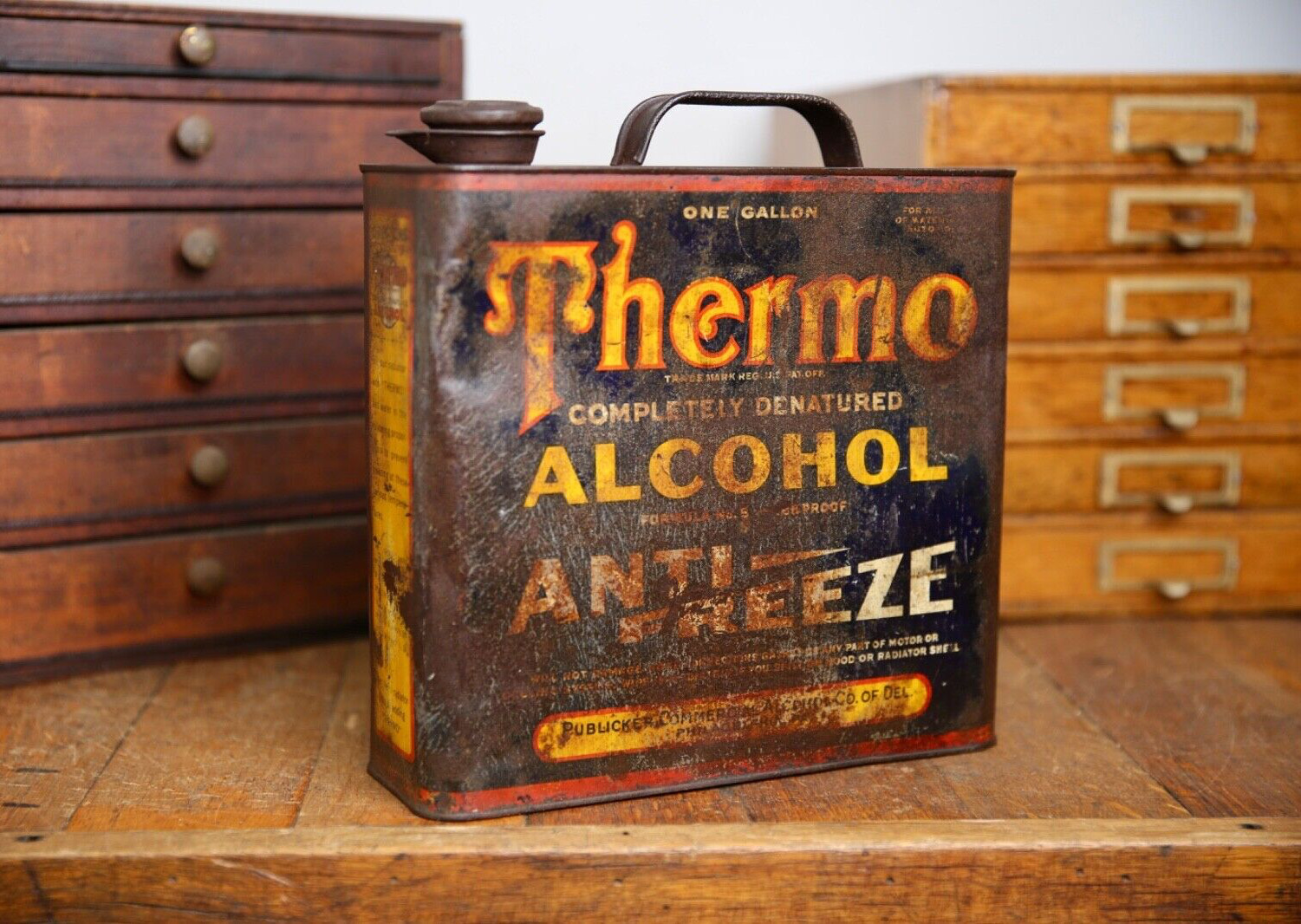 Vintage Thermo Anti Freeze metal oil can 1 gallon advertising antique car motor