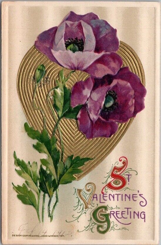 Vintage Winsch ST. VALENTINE'S GREETING Embossed Postcard Purple Flowers / 1912