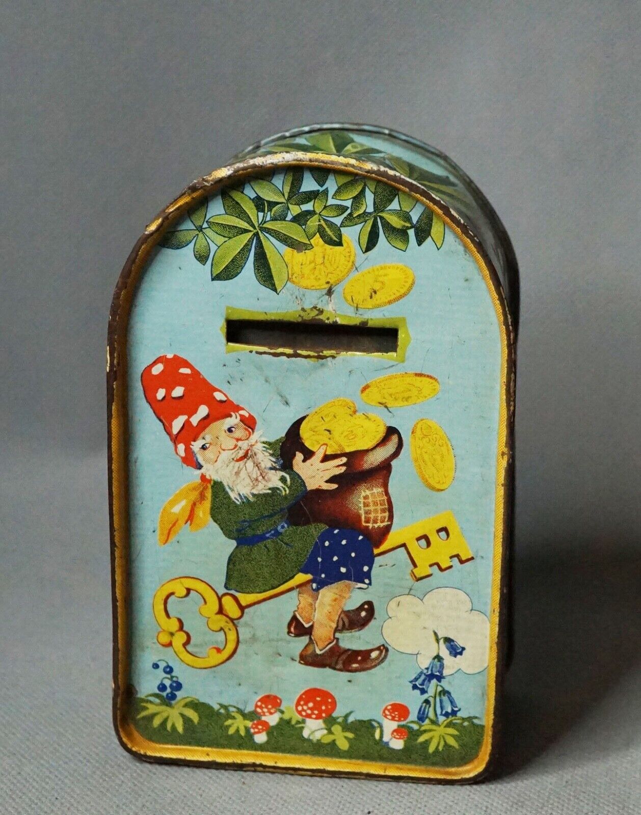 Vintage German Coin Money Still Bank Dime Safe Litho Tin Toy Dwarf Gnome Elf
