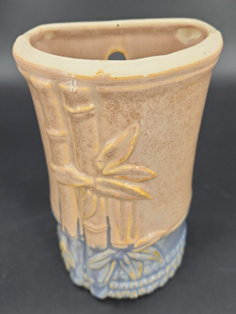 Vintage Molded Ceramic Flat Back Wall Vase Bamboo Color Block Blue Pink Unsigned