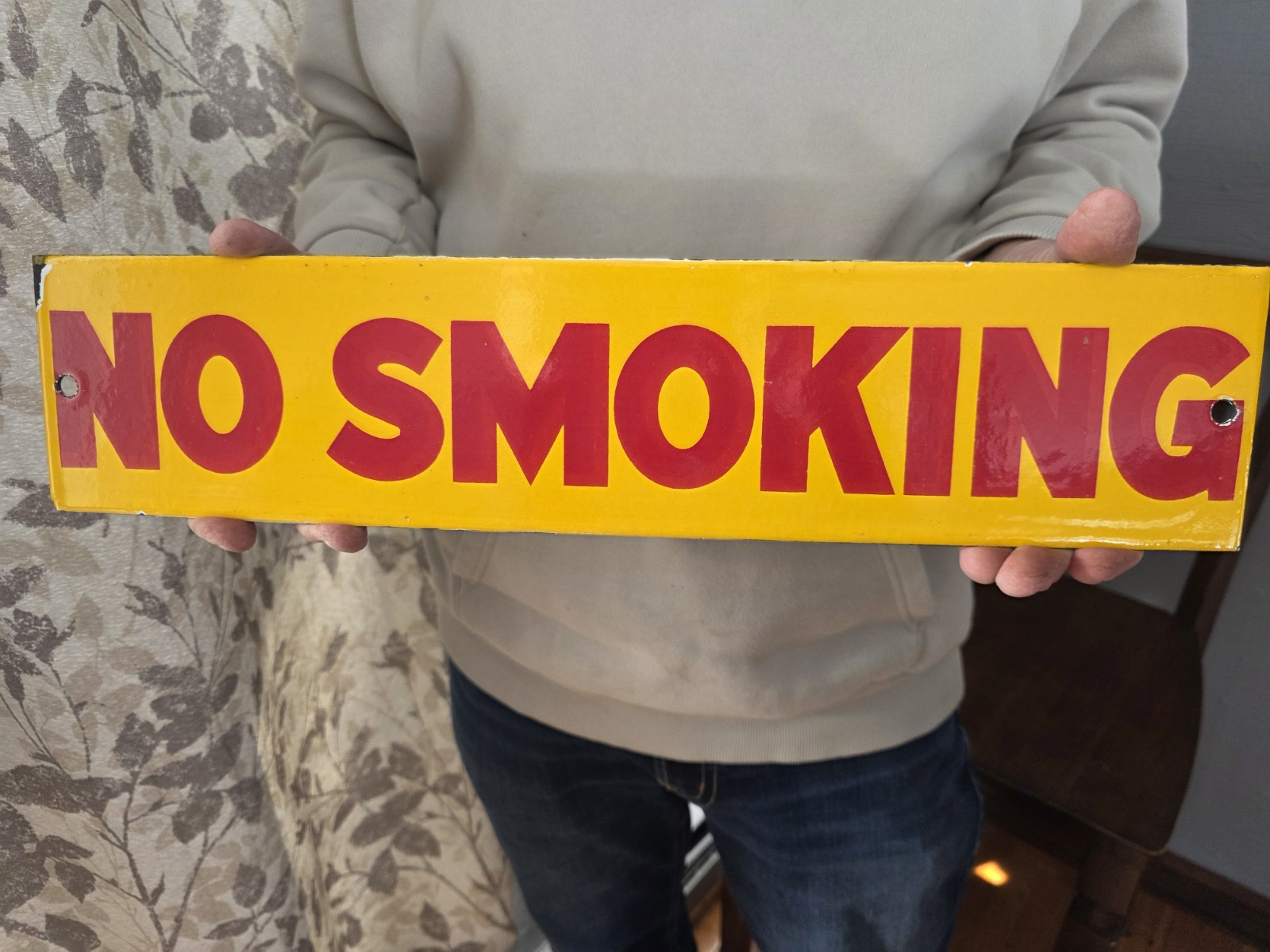 VINTAGE LARGE NO SMOKING PORCELAIN SIGN 18” x 4”