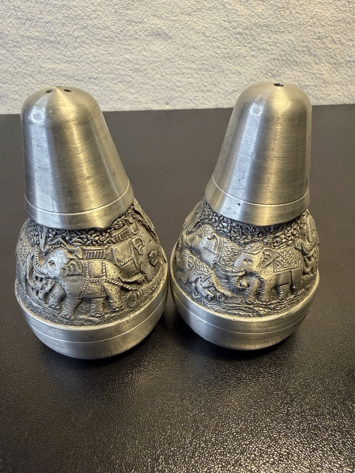 Vintage Oriental Pewter Thailand Elephant Salt & Pepper Shakers Repousse Village