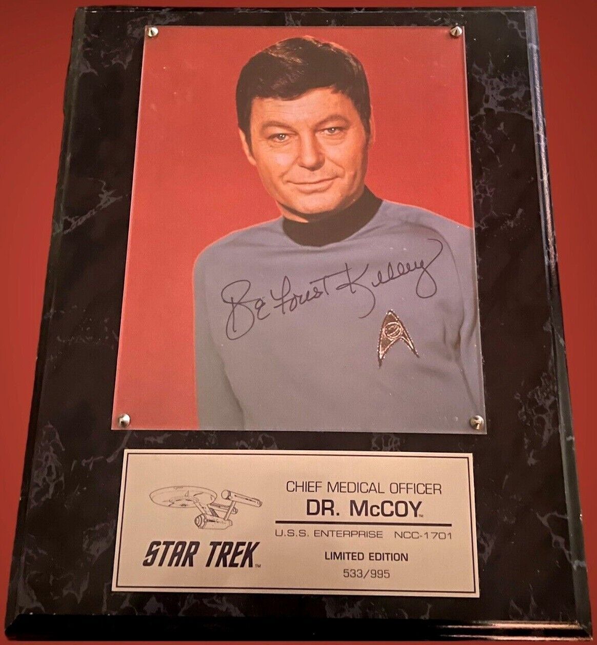 DeForest Kelley signed Star Trek Original Series Dr. McCoy 8x10 photo plaque COA