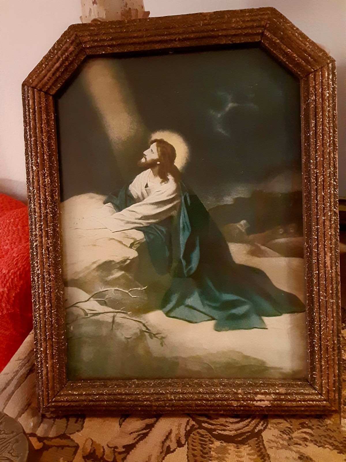 Vintage Art Deco Unique Framed Jesus Praying in Garden Gethsemane Litho Print Vintage Art Deco Unique Framed Jesus Praying in Garden Gethsemane Litho Print