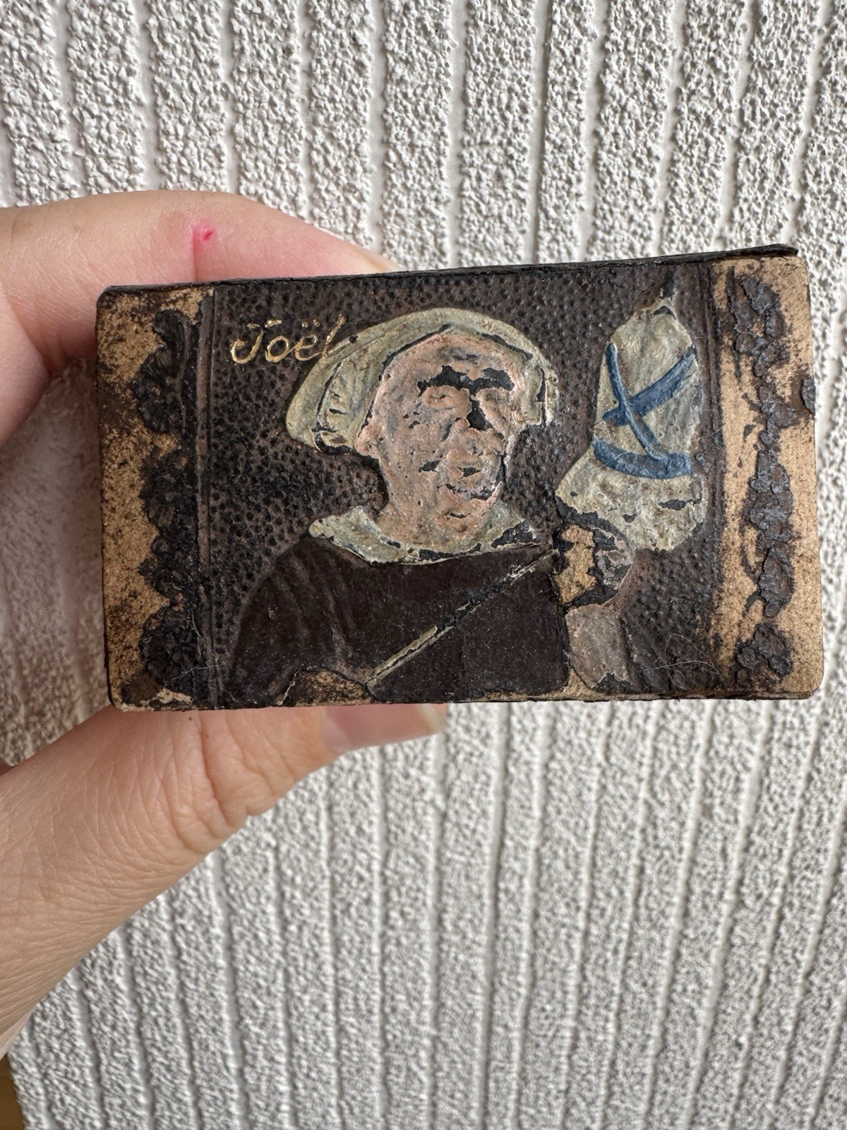 Vintage Miniature Folk Art Plaster Painting Woman Embroidering Signed “Joel”