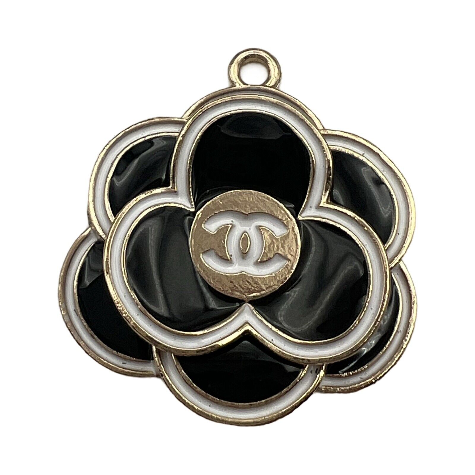 Stamped CHANEL Camelia Zipper  Pull Button Charm Black , White & GoldFlower 30mm