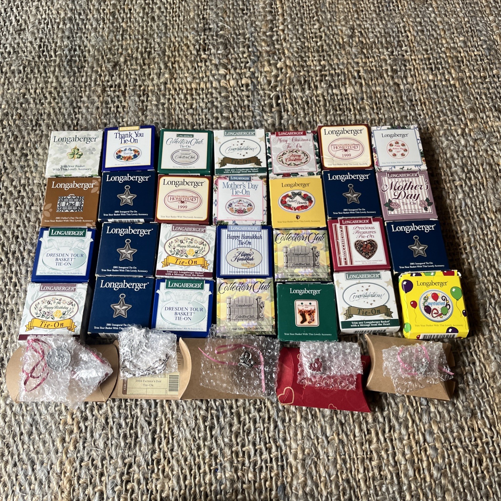 Lot Of Open Box 34 Longaberger Tie-0ns Vintage , Retired, Old stock Lot Of Open Box 34 Longaberger Tie-0ns Vintage , Retired, Old stock