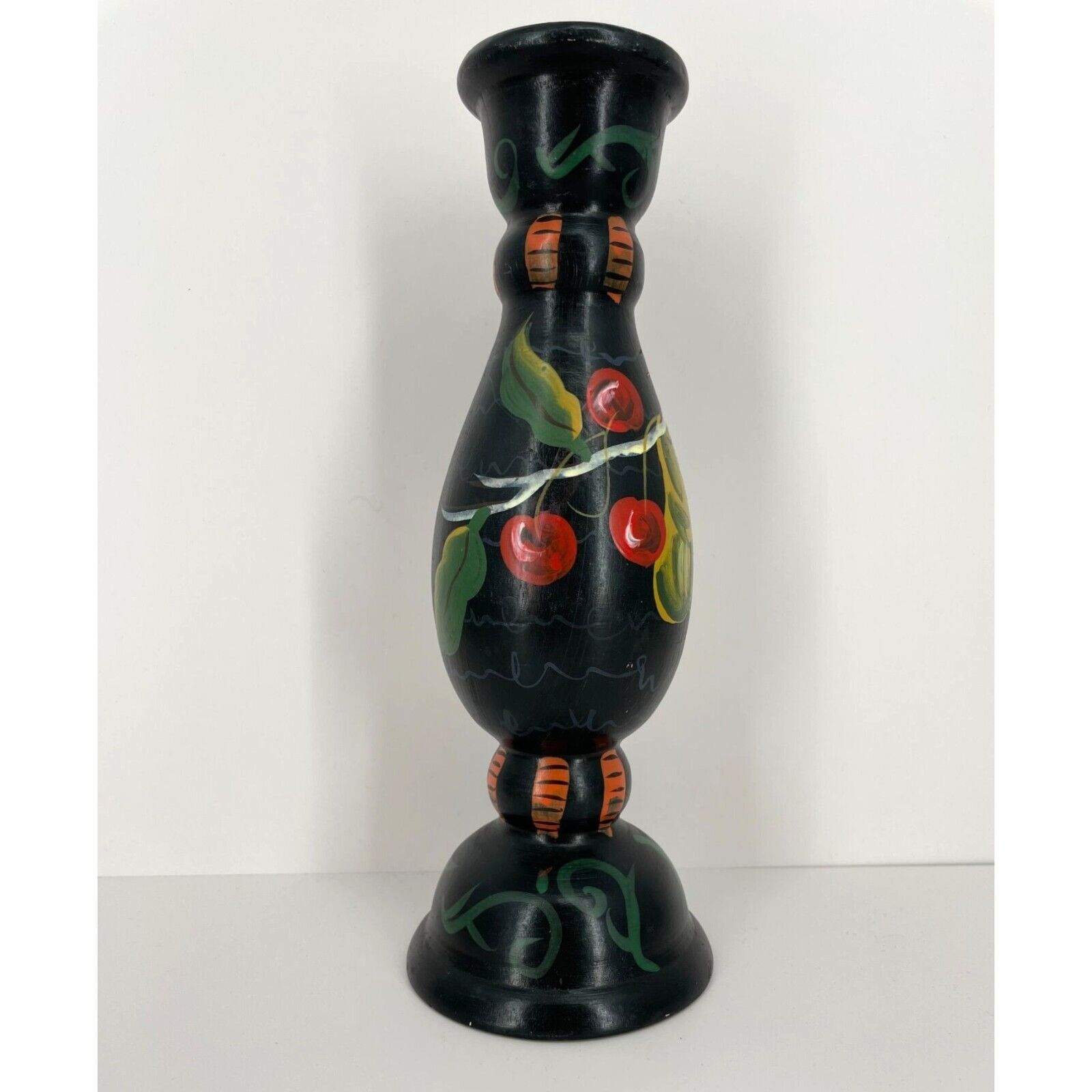 Vintage Tracy Porter 1995 Black Wooden Candlestick Hand Painted Fruit 10