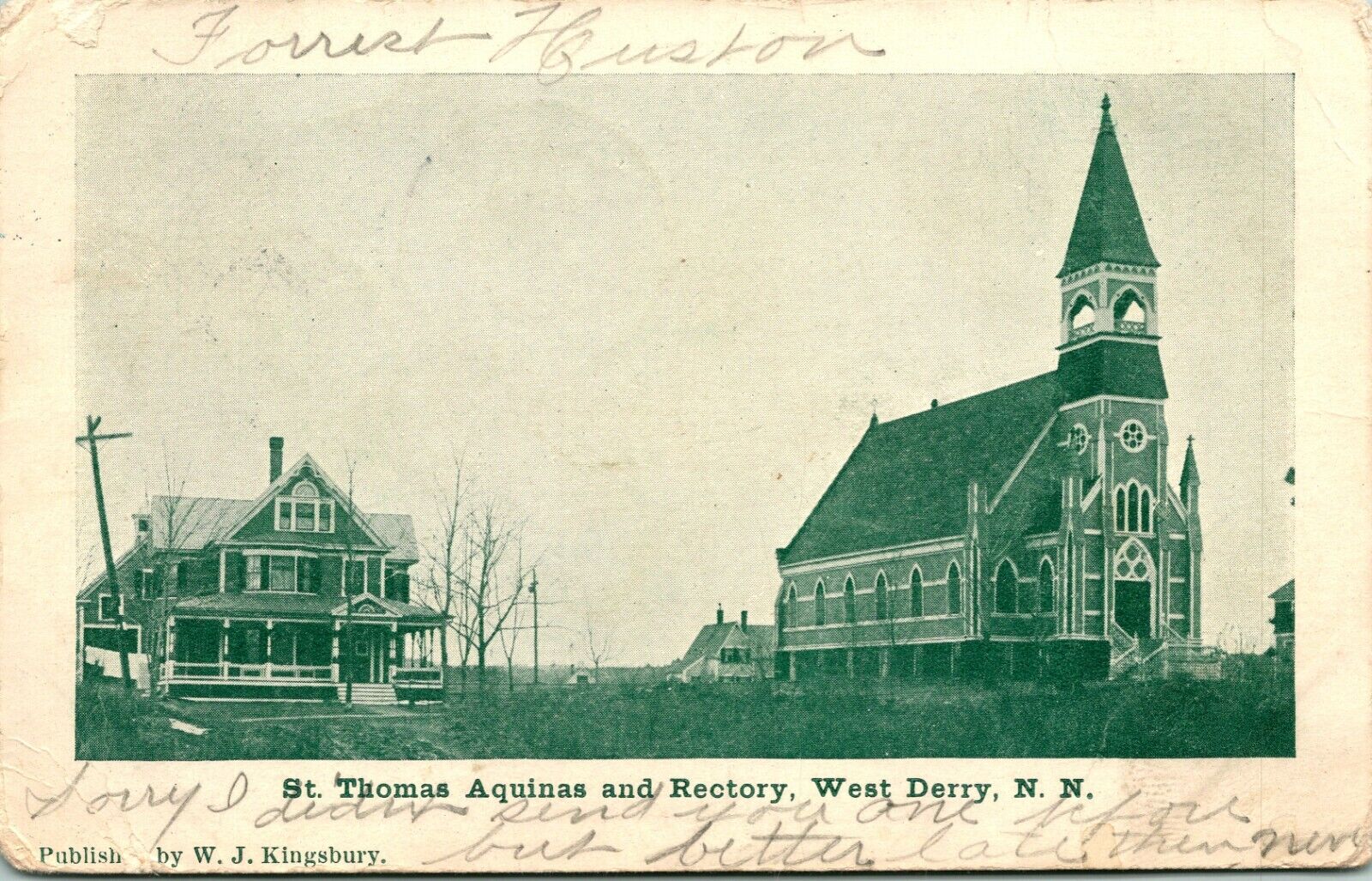 Vtg Postcard 1907 St.Thomas Aquinas Church and Rectory West Derry NH Londonberry