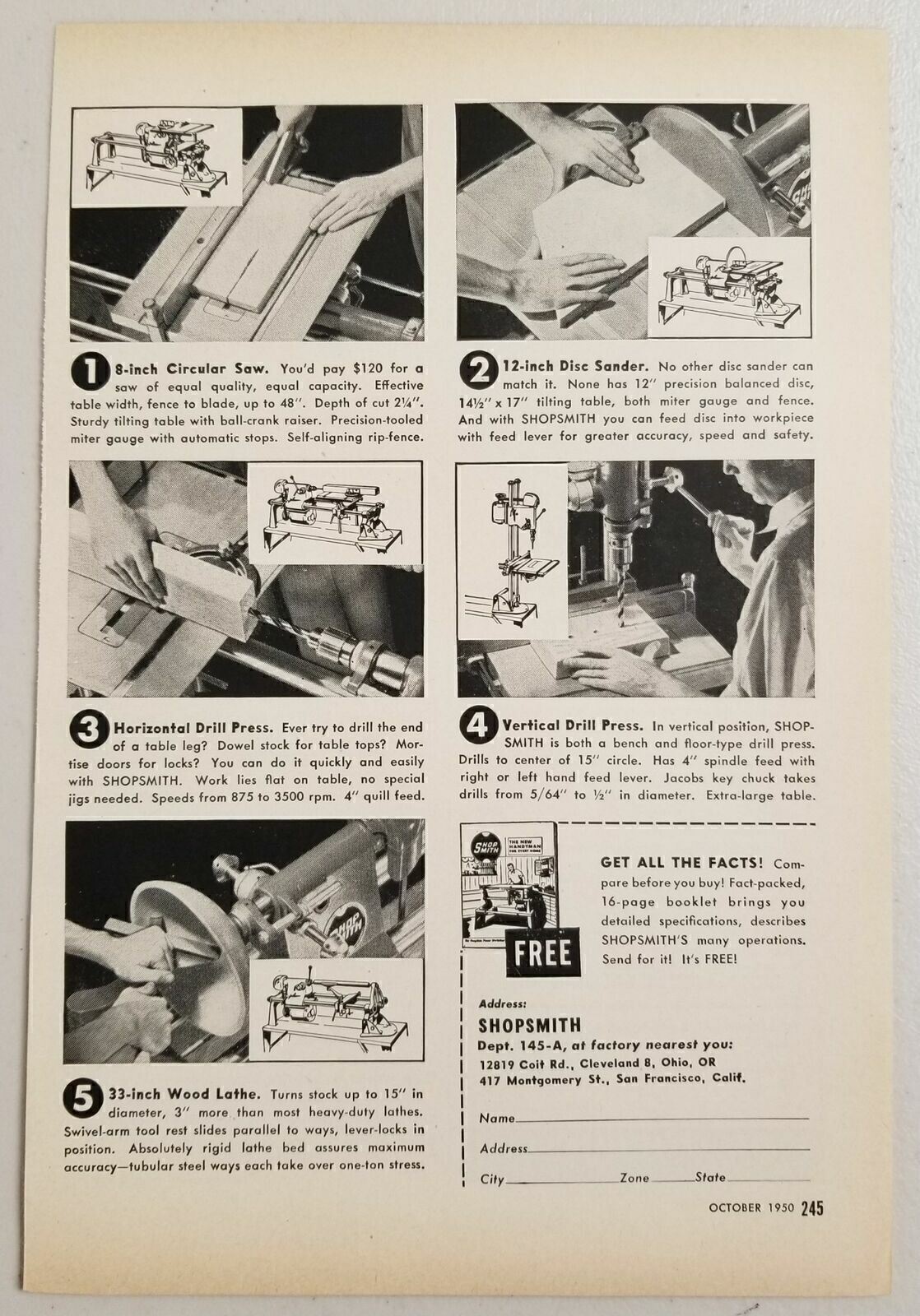 1950 Print Ad Shopsmith Drill Press,Saw,Sander,Wood Lathe Cleveland,OH San Fran 1950 Print Ad Shopsmith Drill Press,Saw,Sander,Wood Lathe Cleveland,OH San Fran