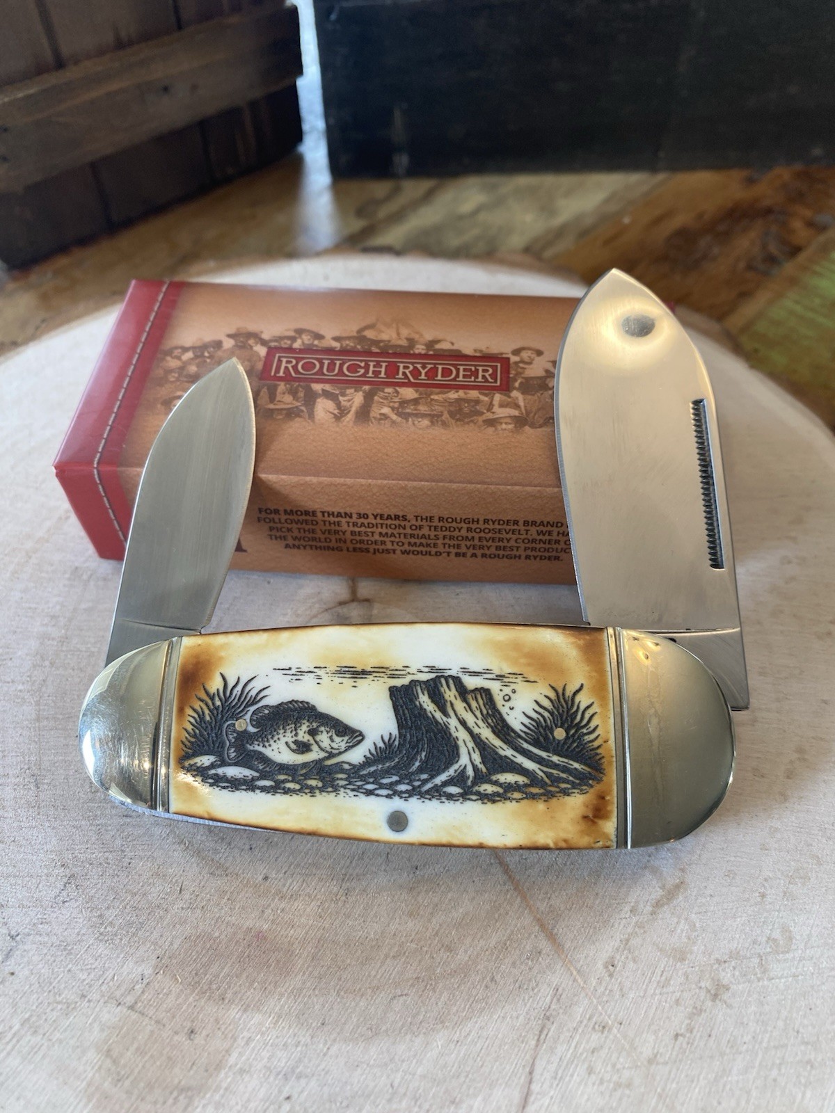 Rough Ryder Elephant Toe Knife Custom Engraved Crappie Fish 2 Sides