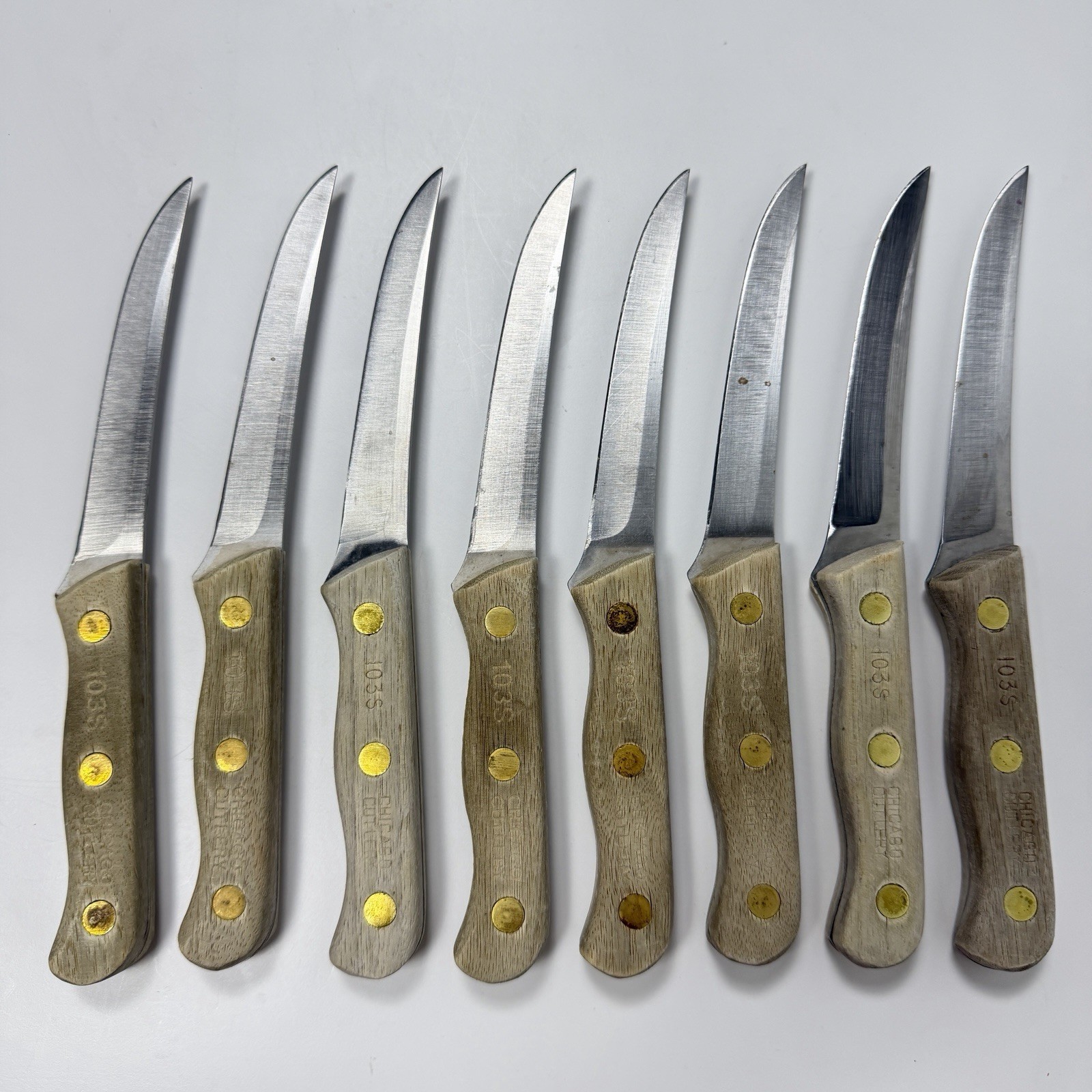 Vintage Chicago Cutlery #103S Steak Knives Set of 8 Wooden Handles 8.25” Vintage Chicago Cutlery #103S Steak Knives Set of 8 Wooden Handles 8.25”