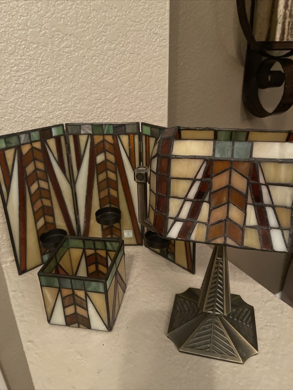 TIFFANY STYLE STAINED GLASS PARTYLITE  LOT OF 3 DIFFERENT VINTAGE CANDLE HOLDERS