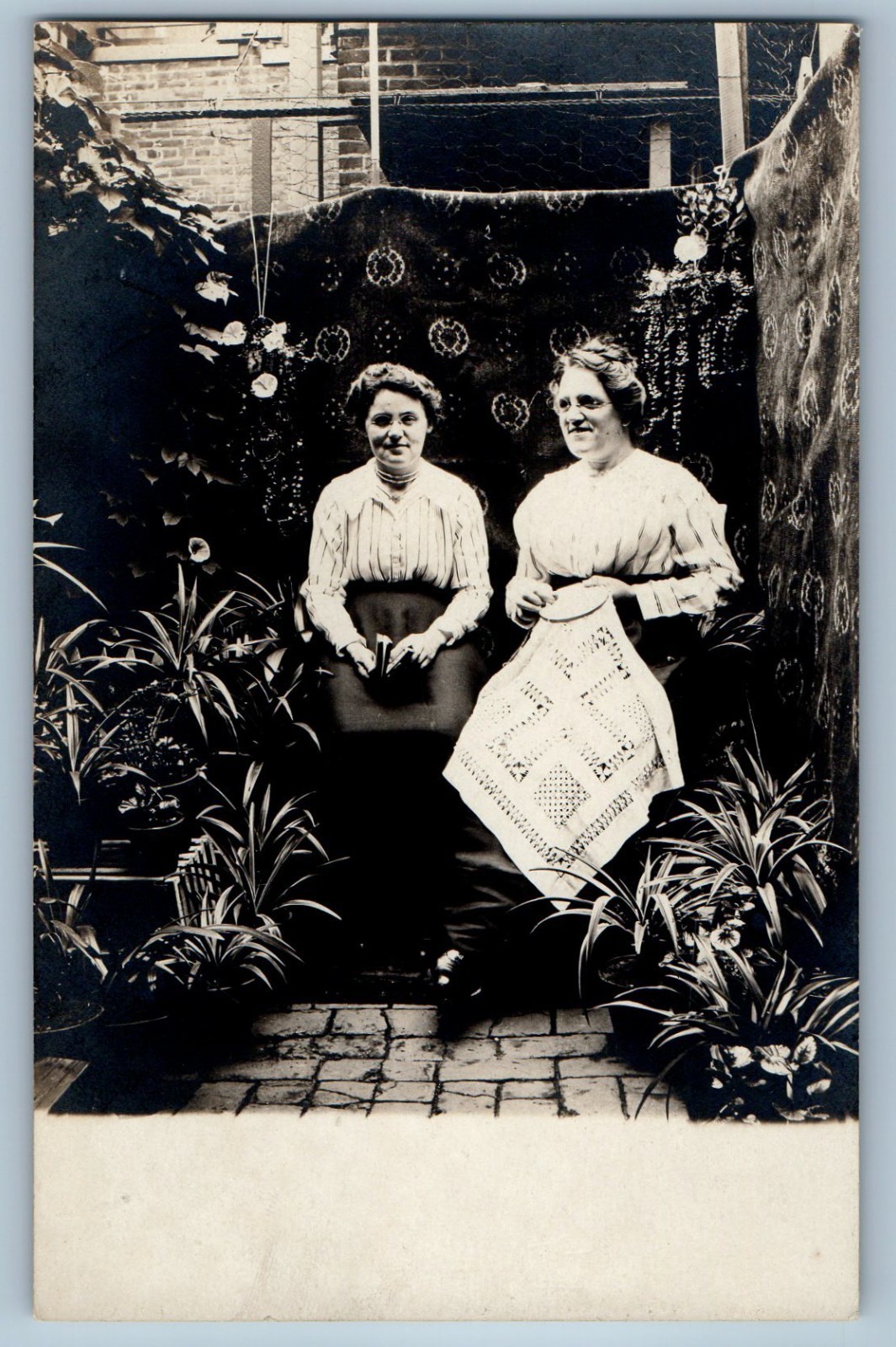 c1910's Two Women At House Garden Quilting RPPC Photo Unposted Antique Postcard