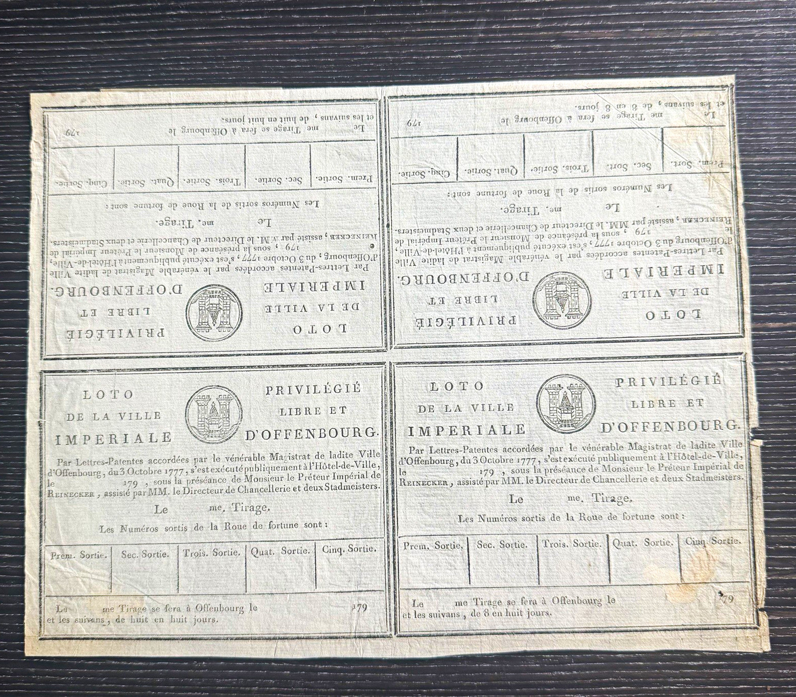 RARE c.1790 Offenburg Imperial Lottery 4-Up Uncut Sheet French Ephemera RARE c.1790 Offenburg Imperial Lottery 4-Up Uncut Sheet French Ephemera