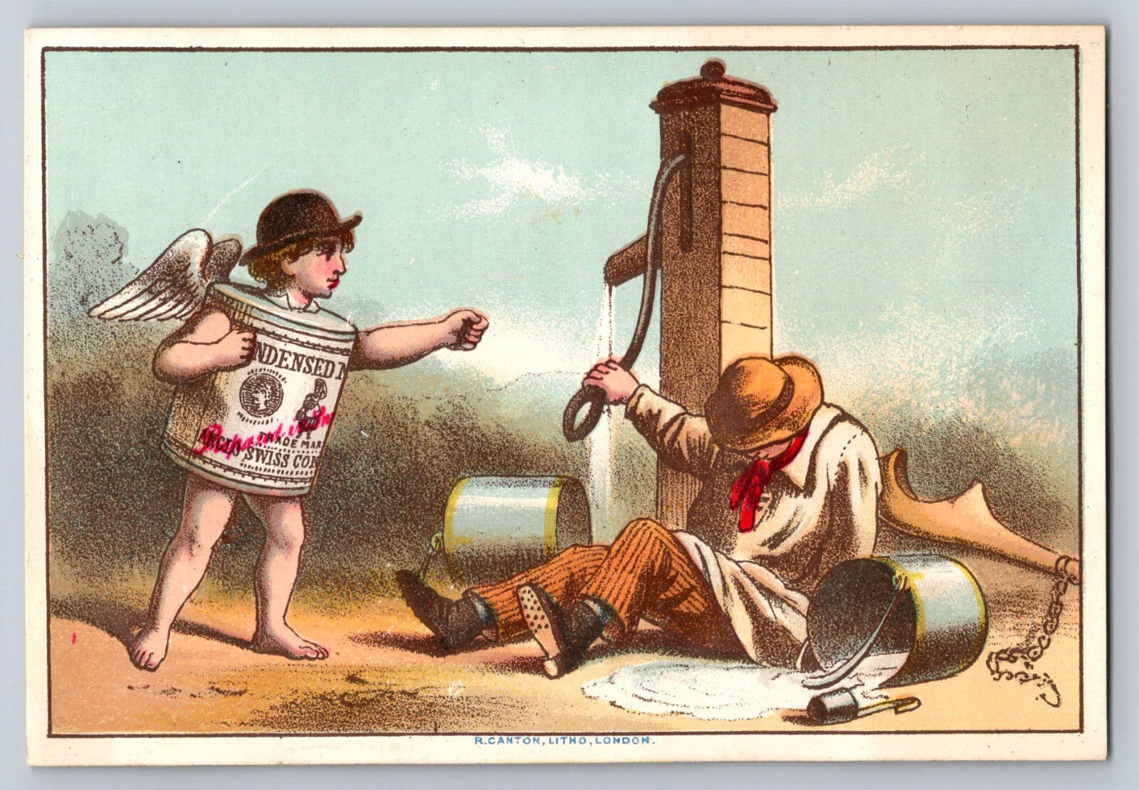 1880s Victorian Trade Swiss Card Condensed Milk Angel Wearing Can 3 x 4.5 in 1880s Victorian Trade Swiss Card Condensed Milk Angel Wearing Can 3 x 4.5 in