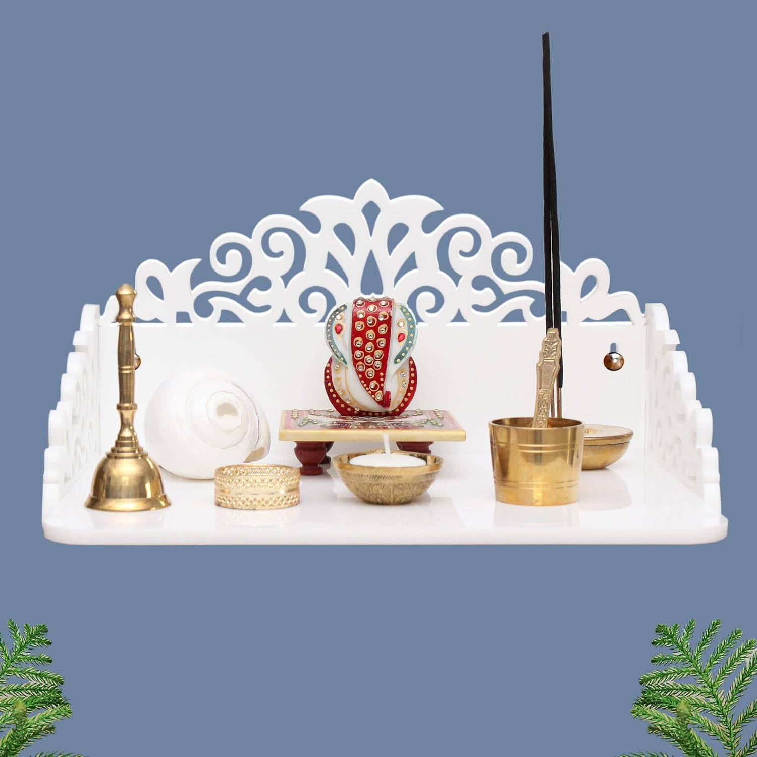 : Wall Mounted White Cast Acrylic Home Pooja Temple Mandir Puja Room Items Stand