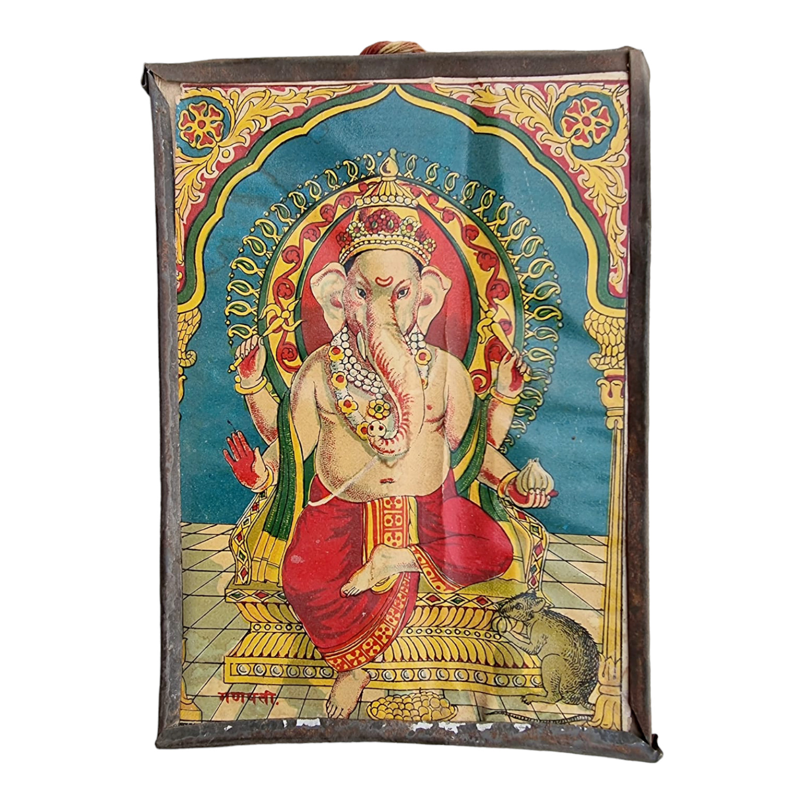 19C Old Antique Vintage Raja Ravi Varma God Ganesh Litho. Paper Print Iron Frame