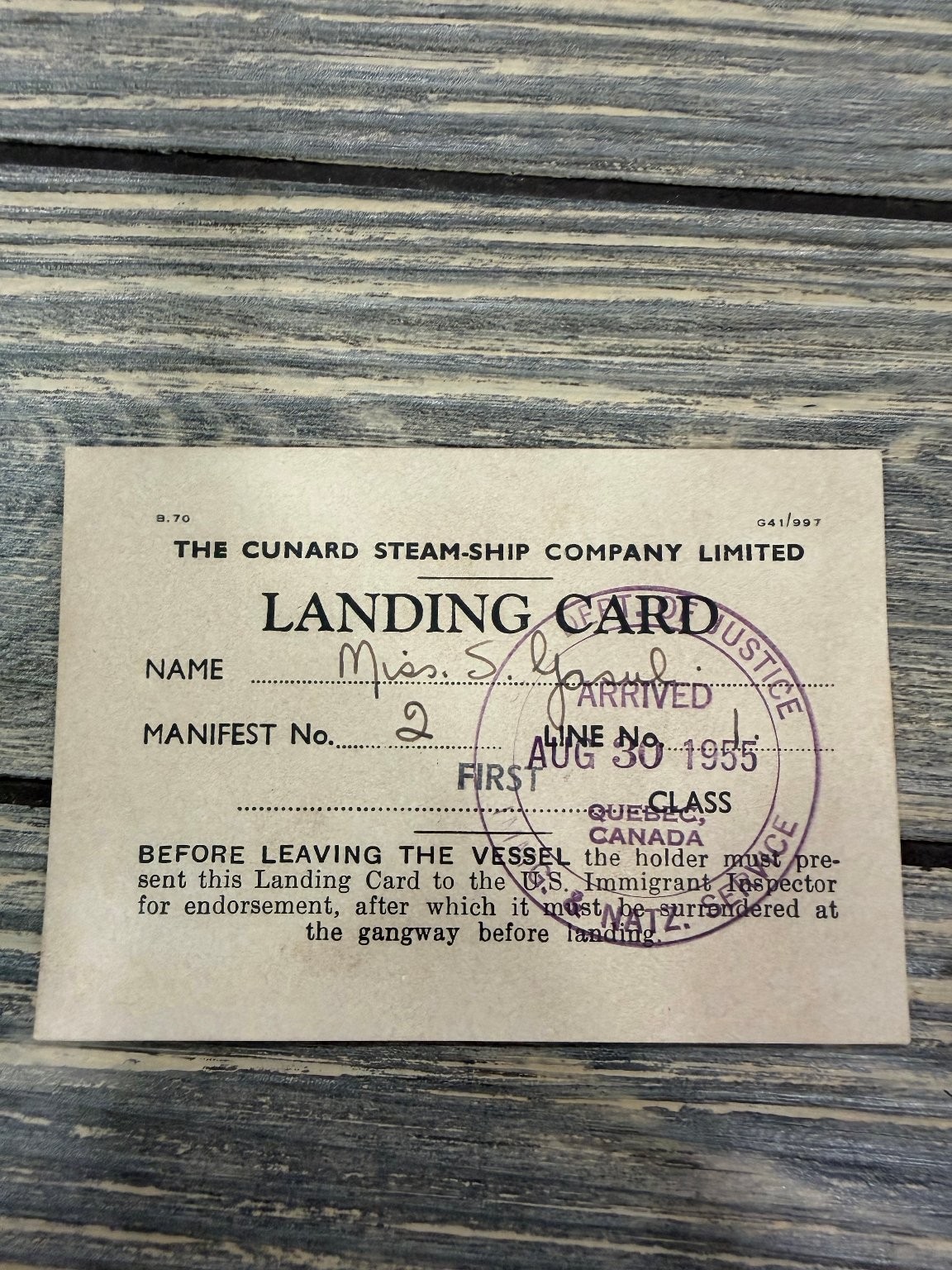 1955 Cunard Line Landing Card Miss S. R. Popplestone Quebec Canada Ship Ephemera