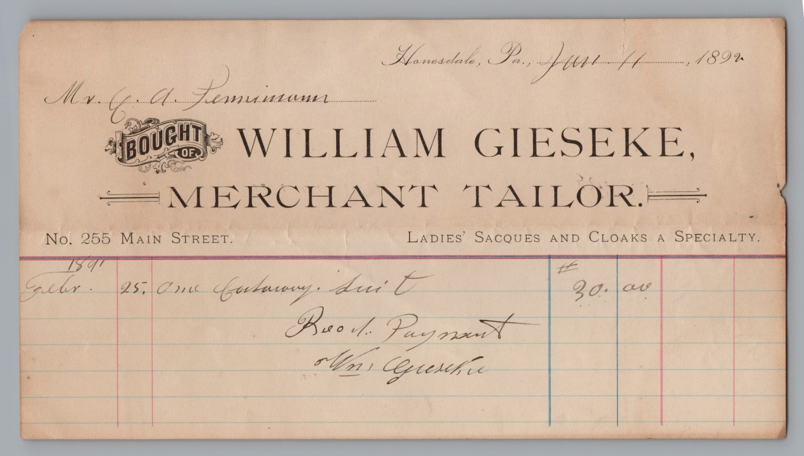1892 billhead  William Gieseke Merchant Tailor Honesdale, PA