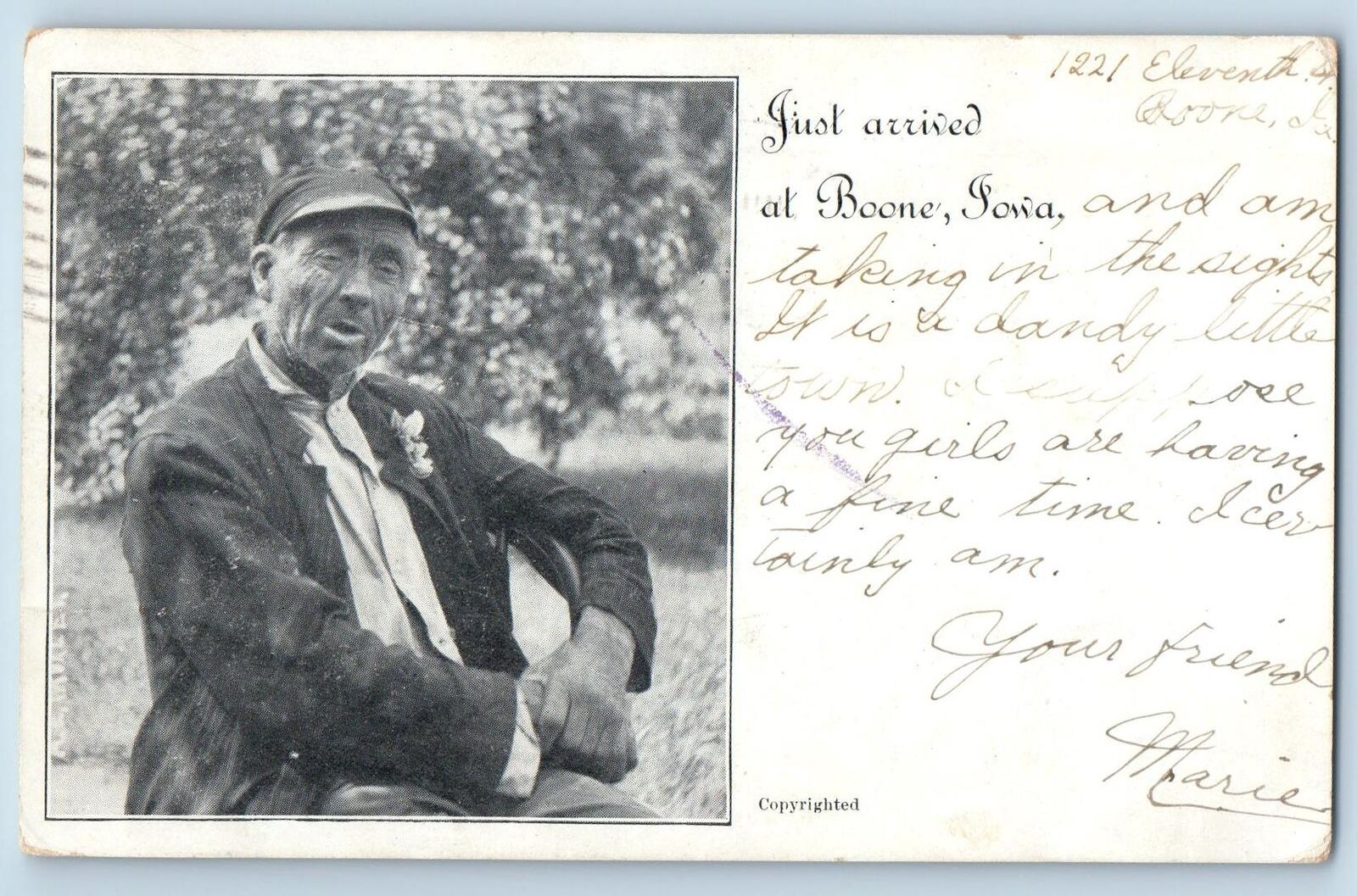 Boone Iowa IA Postcard Just Arrived Old Man With Hat Sitting Scene 1918 Antique
