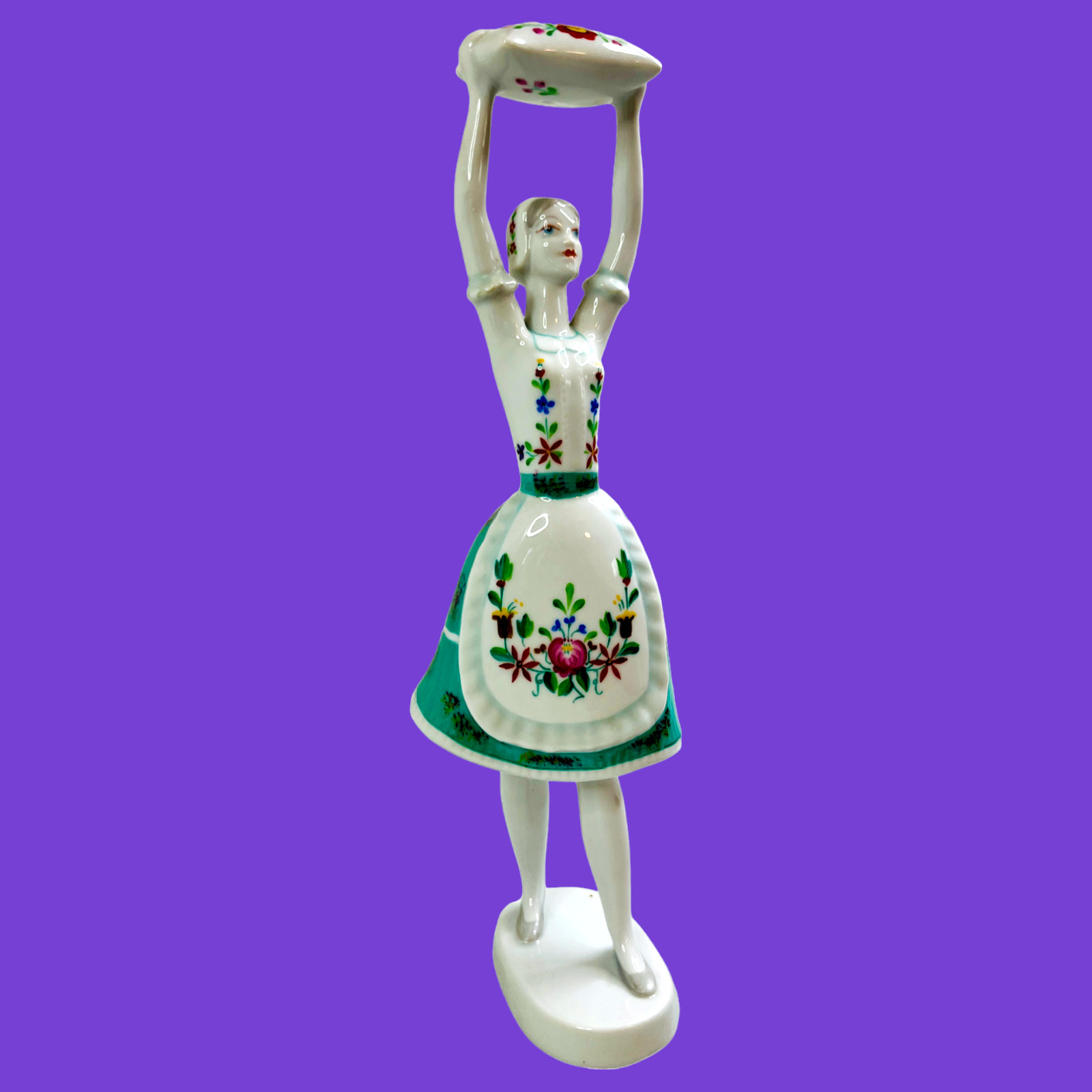 Hollohaza Hungary Porcelain Figurine Woman with the Pillow Vintage Tall Statue