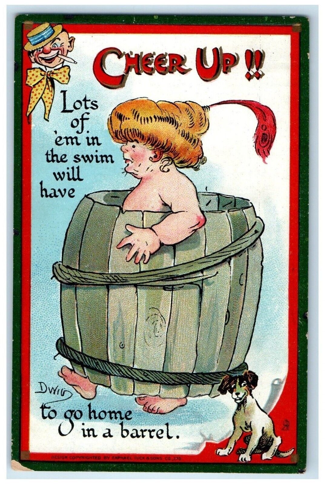 c1910's Cheer Up Woman In Barrel Dog Dwig Embossed Tuck's Antique Postcard