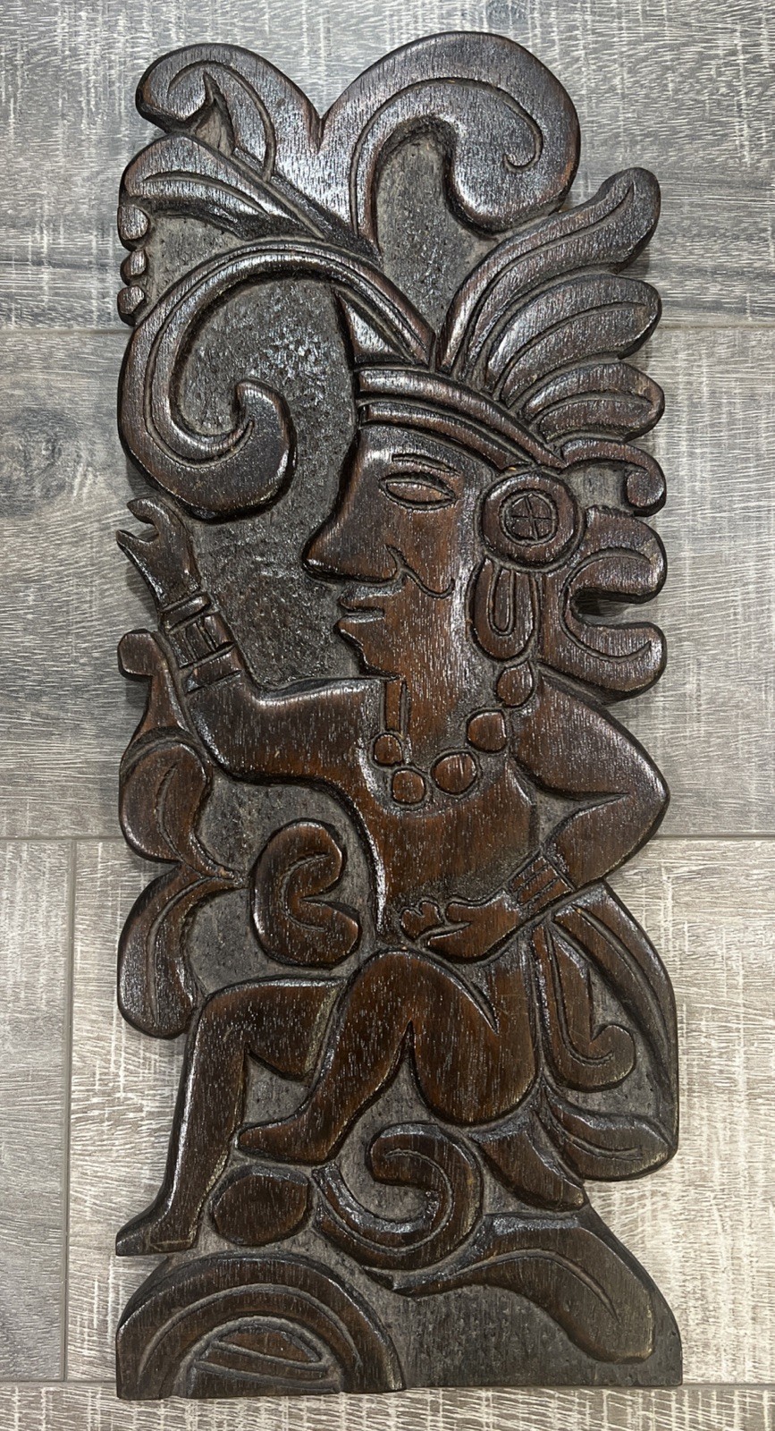 Honduras Hand Carved Plaque Mayan  Face Wall Hanging Wood  Art 14”x6”
