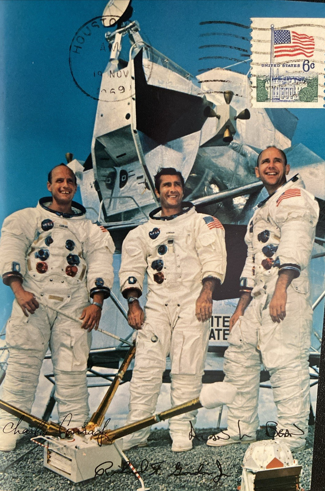 APOLLO 12 CREW PICTURE COLOR POSTCARD -FRONT OF CARD HAS FAINT POSTMARK HOUSTON
