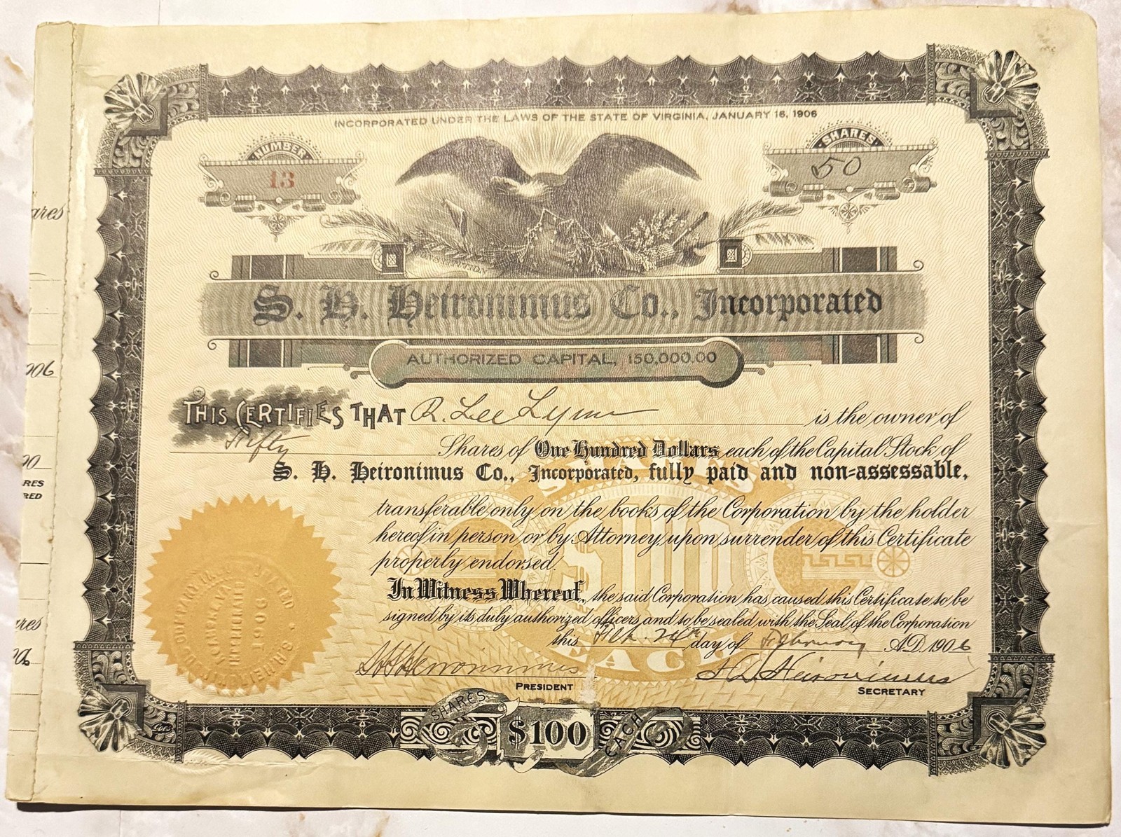 Antique 1906 S.H. Heironimus Stock Certificate 📜 Roanoke VA Department Store