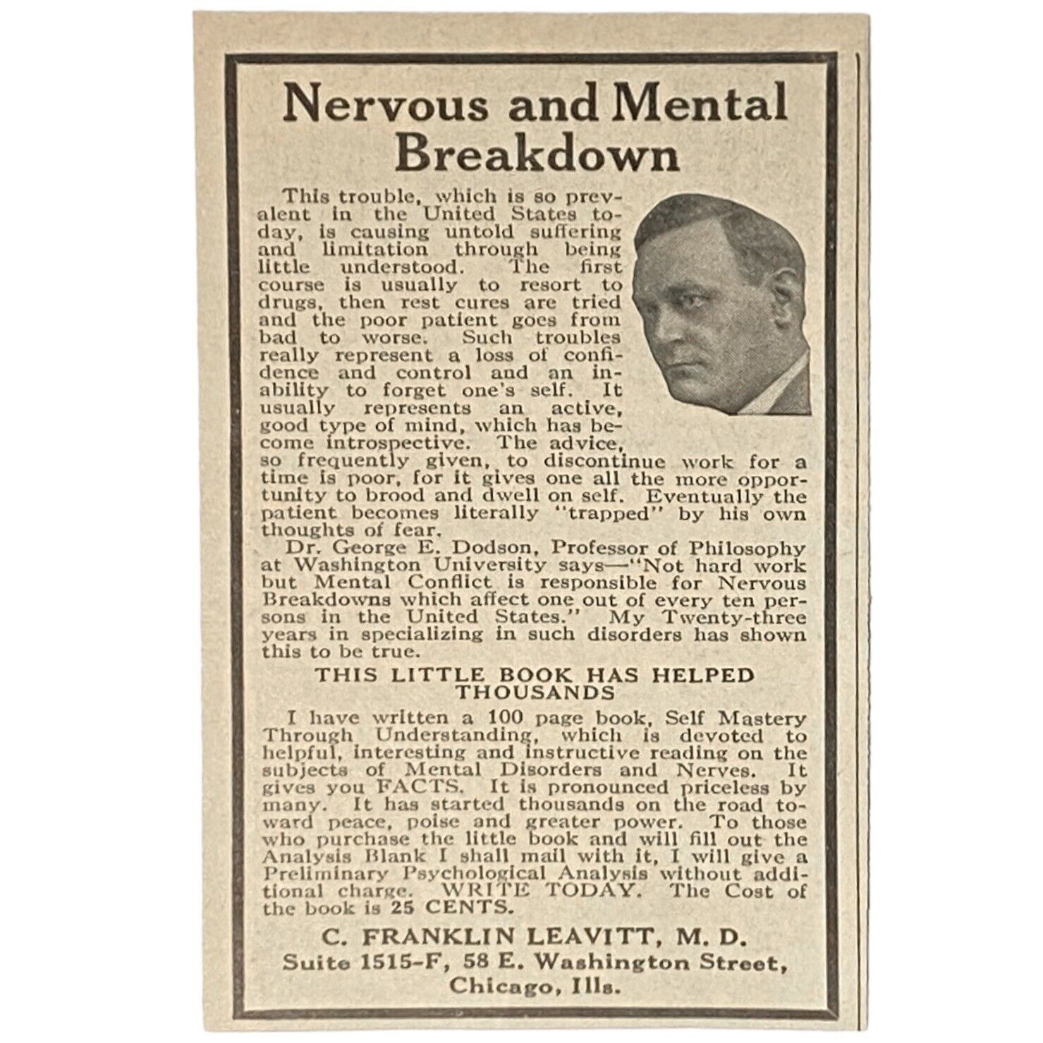 1929 Nervous & Mental Breakdown C. Franklin Leavitt M.D. Vintage Print Ad