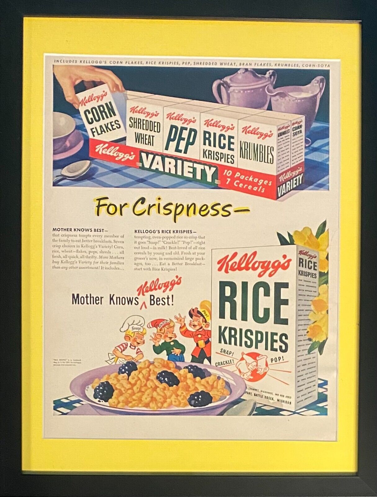 Vintage 1949 Kellogg's Rice Krispies Framed Magazine Ad 16x12