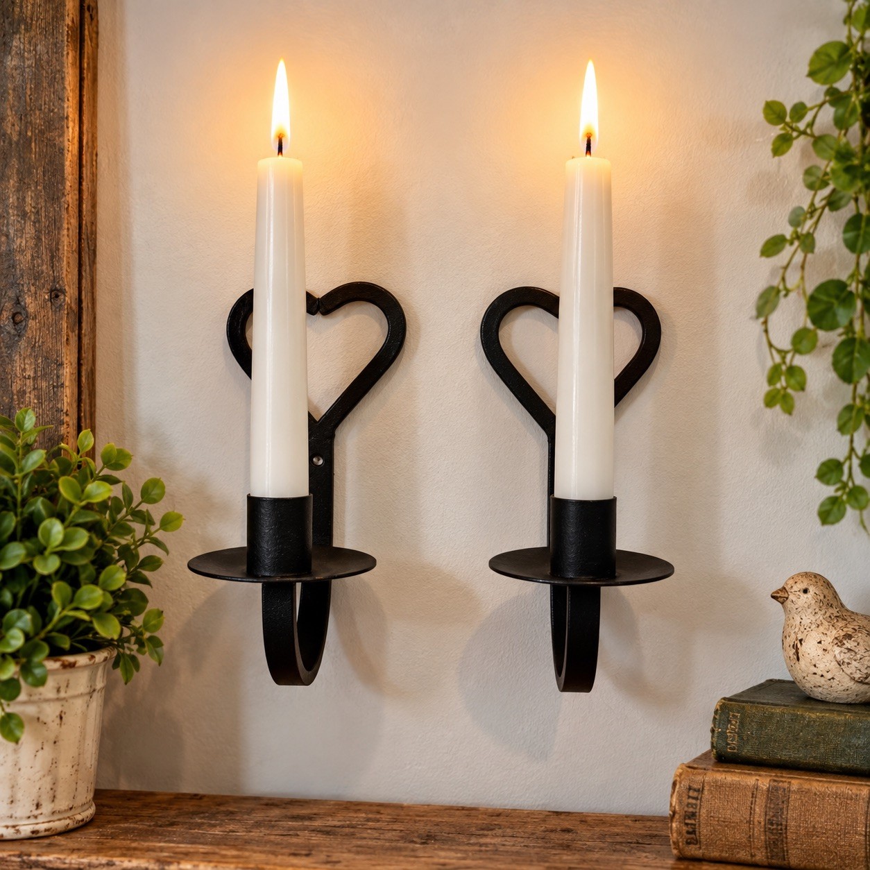 Vintage Wrought Iron Black Heart Wall Candle Sconces Primitive Farmhouse Taper