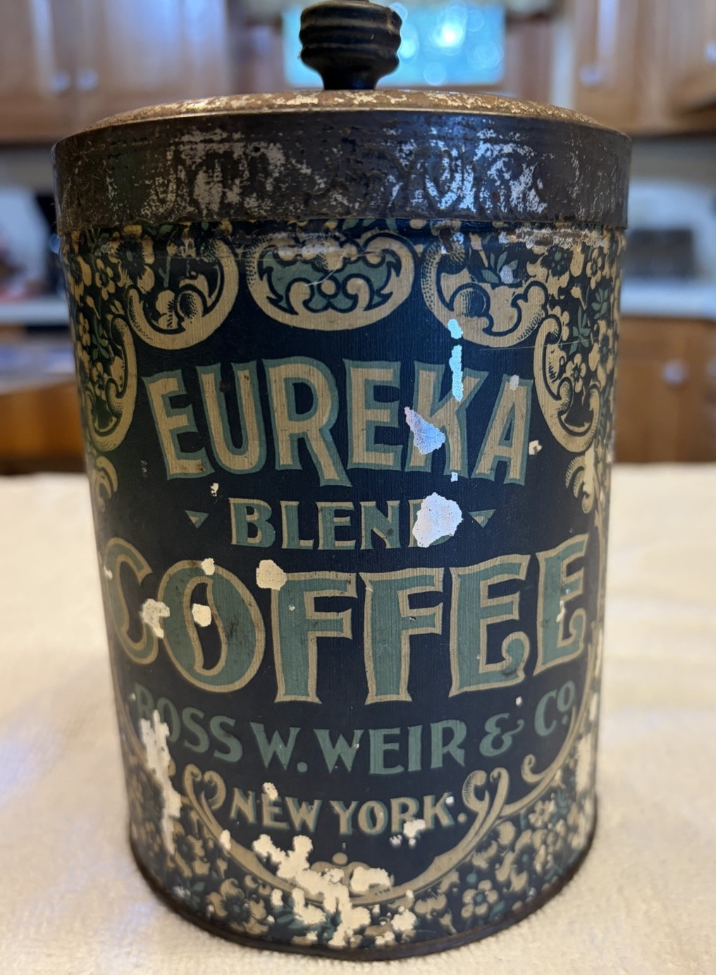 “Antique Eureka Blend Coffee Tin Ross W. Weir & Co New York Litho Can Wood Knob”