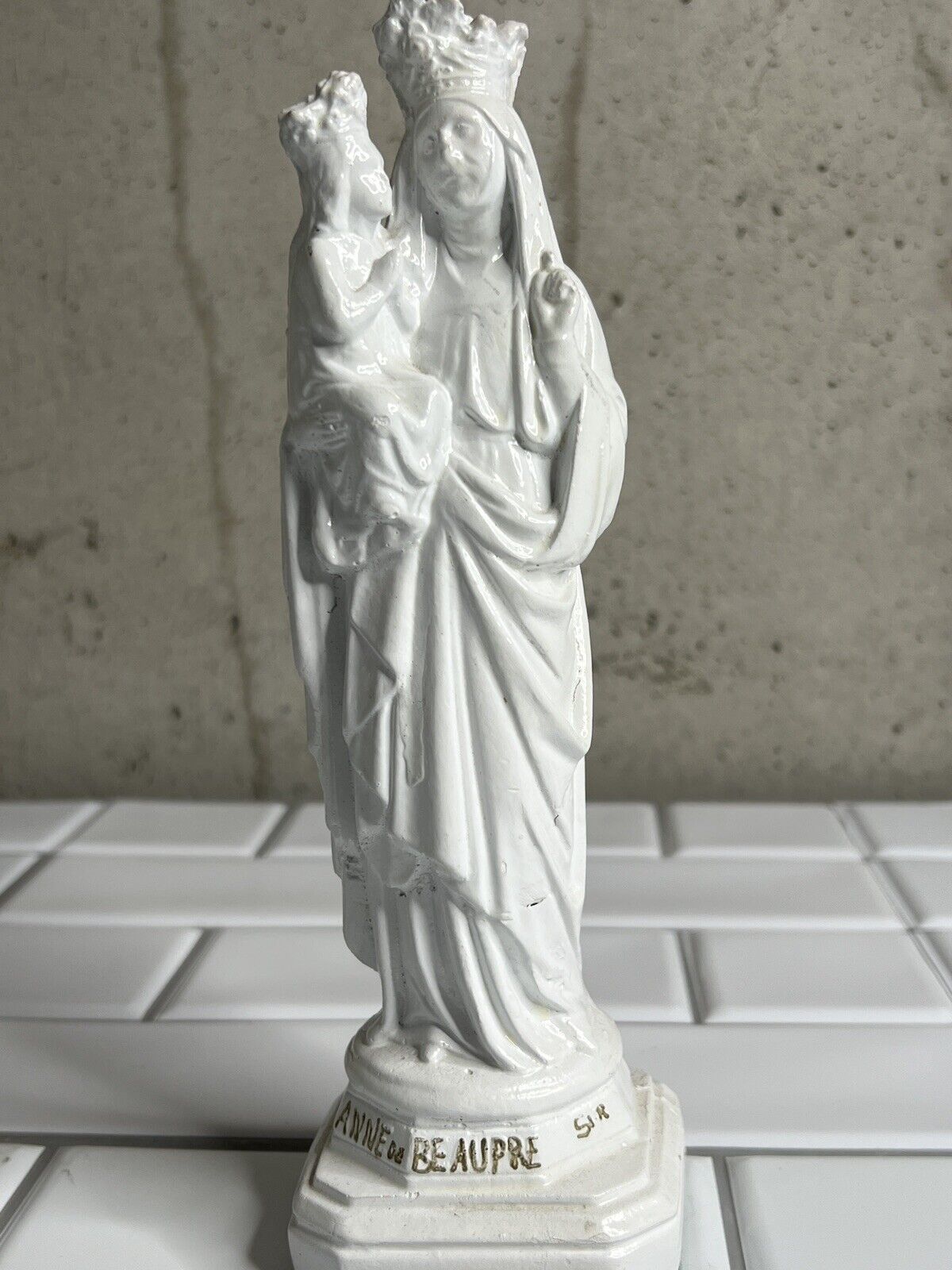 Sainte Anne de Beaupré Porcelin Statue Signed SR Antique Made in France