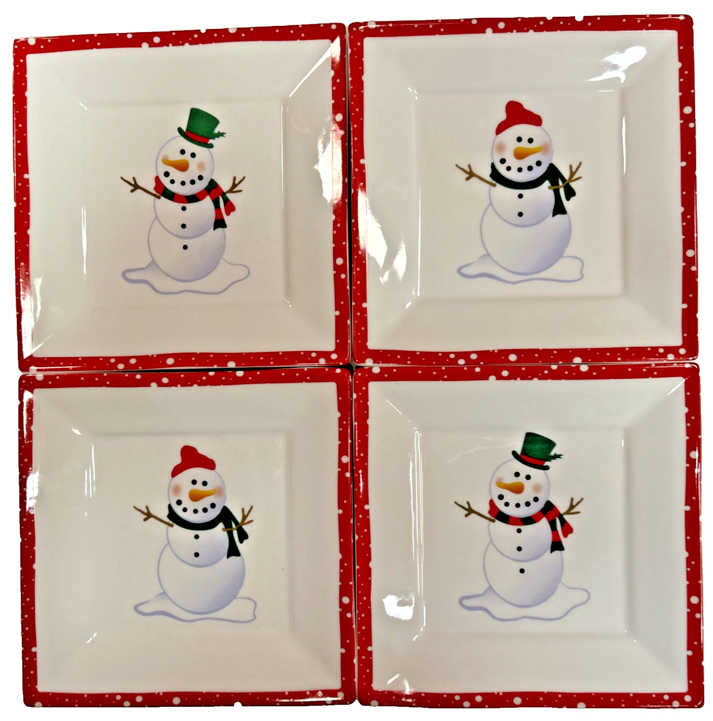 Set of 4 Square Snowman Christmas Plates Holiday Winter Decor 7 inch 2 Designs