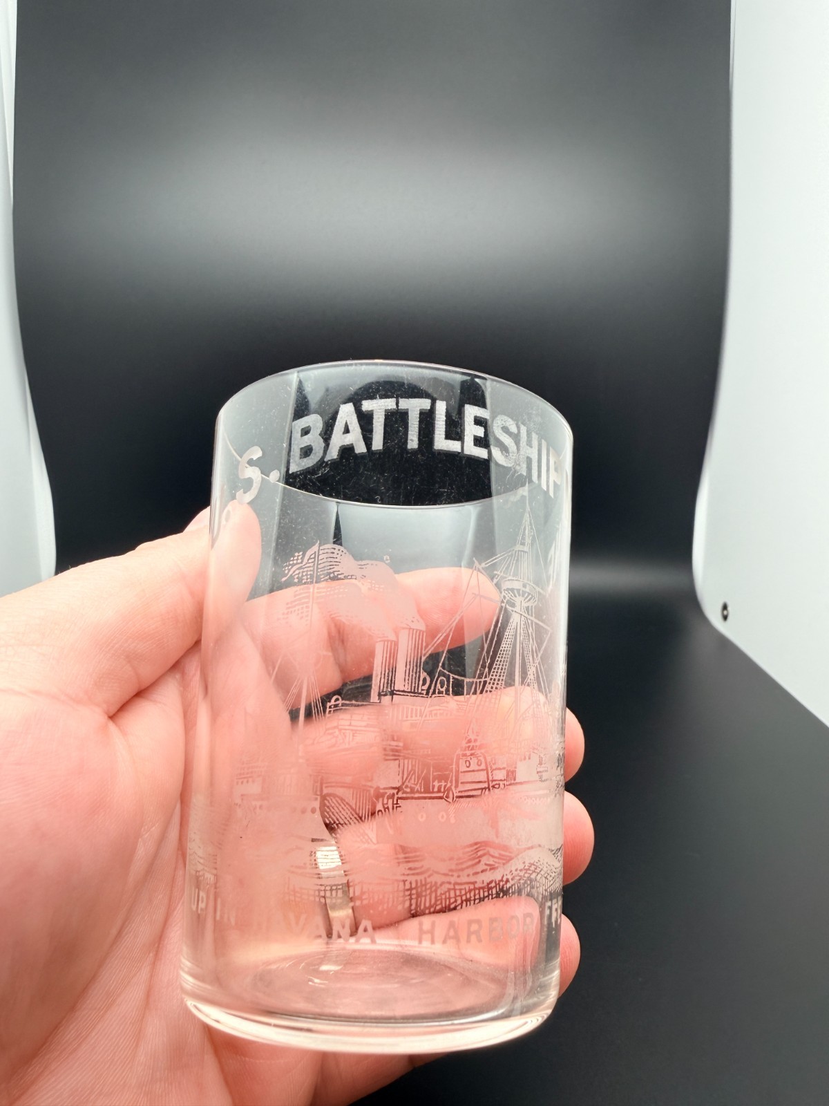 Rare Vintage 1920's US Battleship Maine Etched Glass Military Havana Harbor Rare Vintage 1920's US Battleship Maine Etched Glass Military Havana Harbor