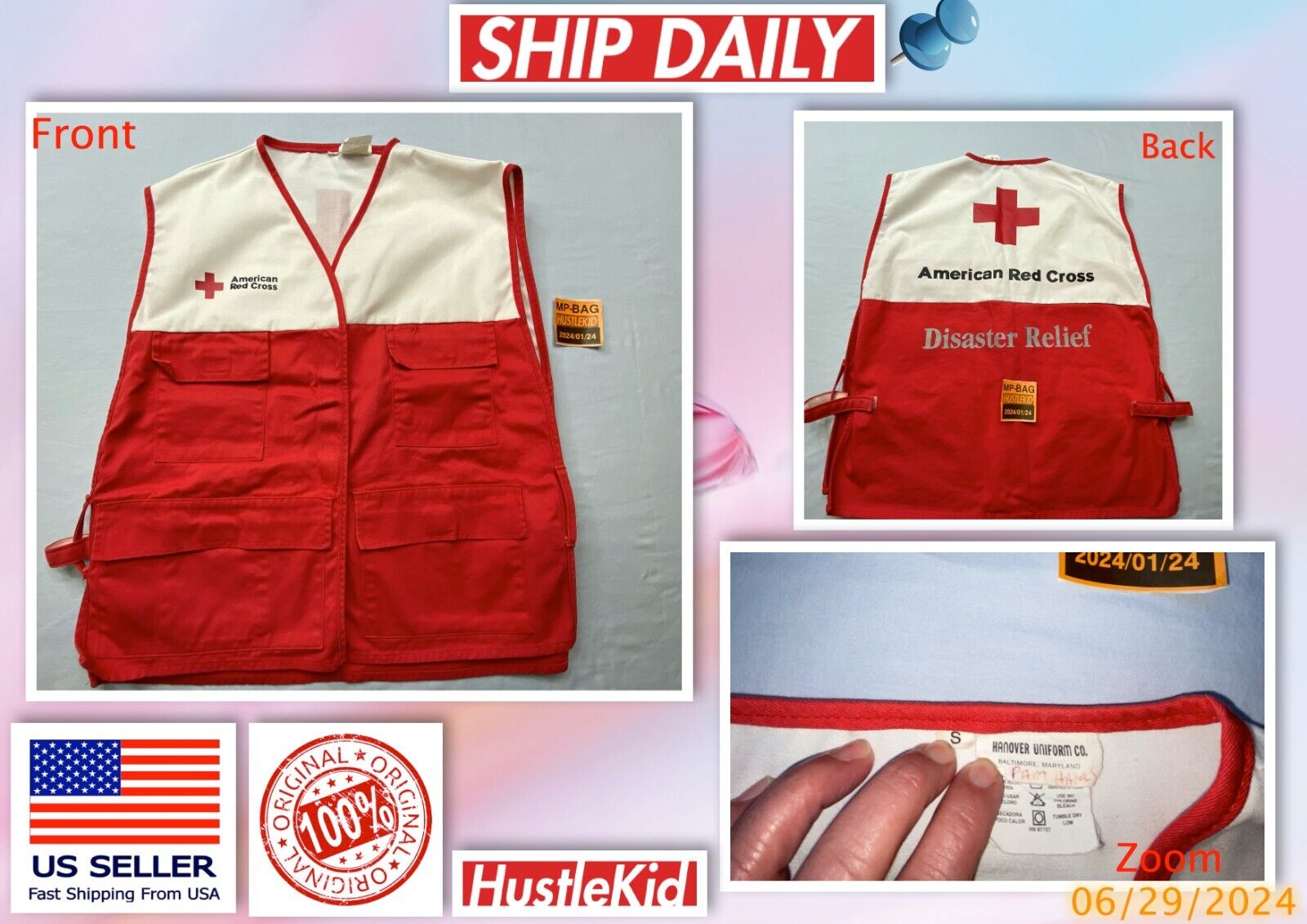 Official American Red Cross Disaster Relief Vest W/ Pockets Employee Work Small