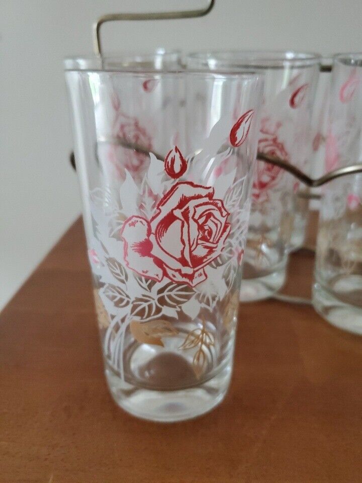Vintage Normandy Rose Pattern Set Of 8 Iced Tea Glasses With Caddy