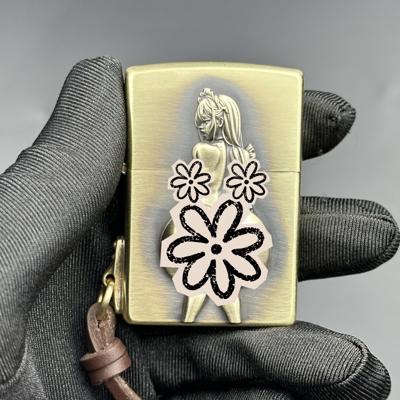Zippo Brushed Brass Lighter with Welded Girl Emblem & Keychain Attachment 