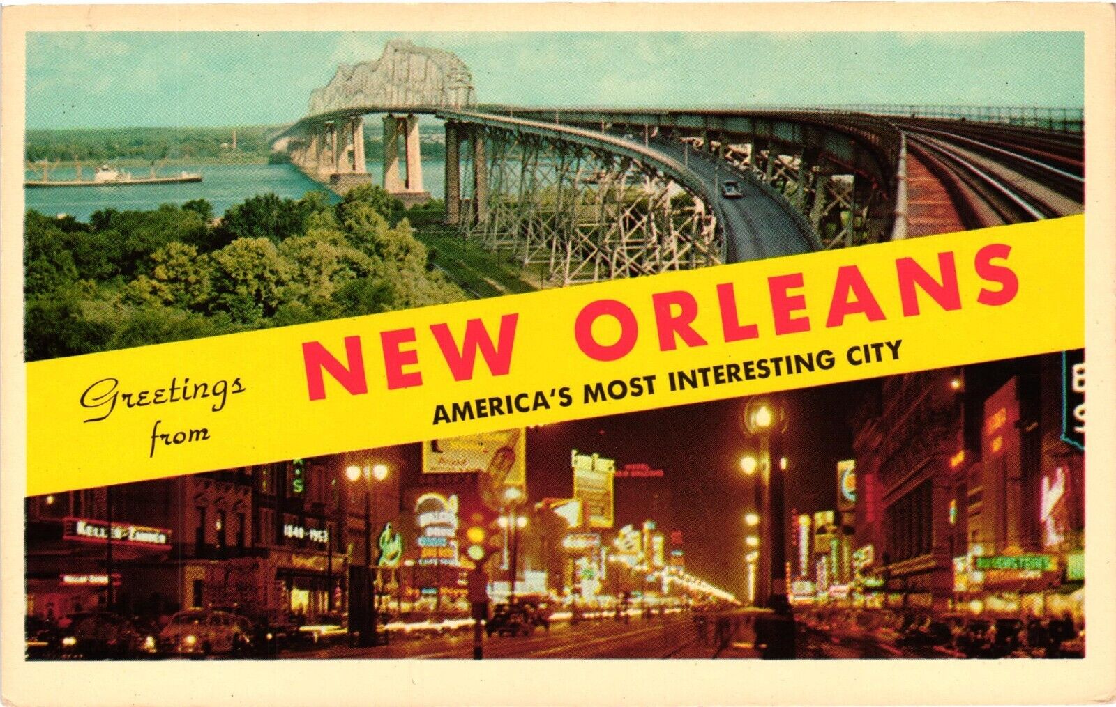 Greetings Huey Long Bridge Canal Street New Orleans LA Vintage Postcard c1960