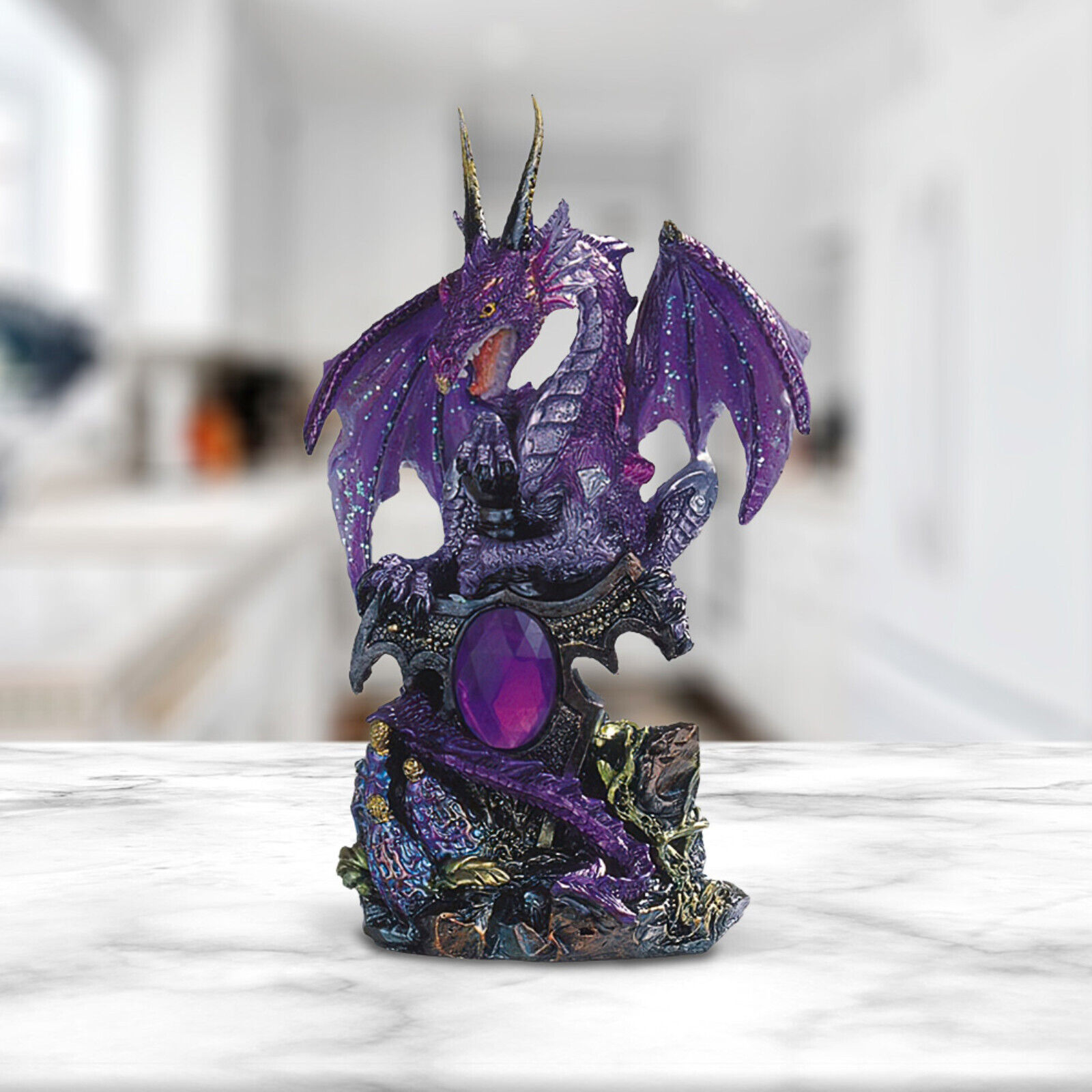 Medieval Purple Dragon w/ Gem Statue 6\