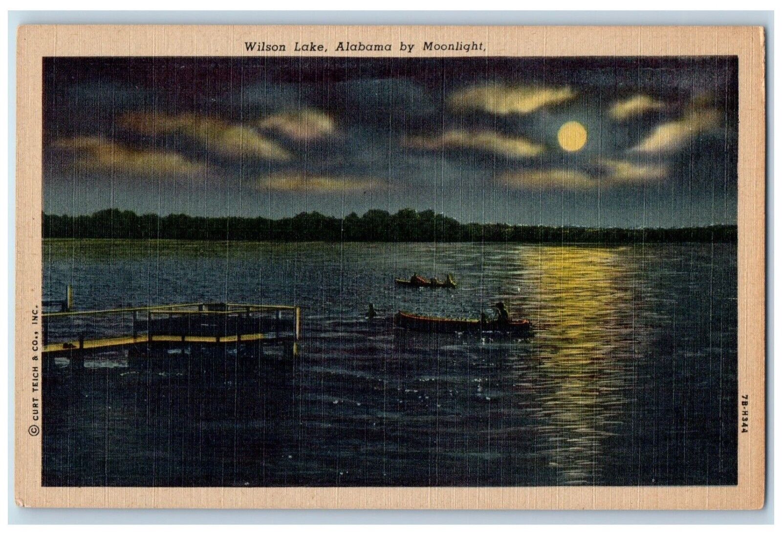 c1940 Moonlight Night Scene Moon Wilson Lake Alabama AL Vintage Antique Postcard