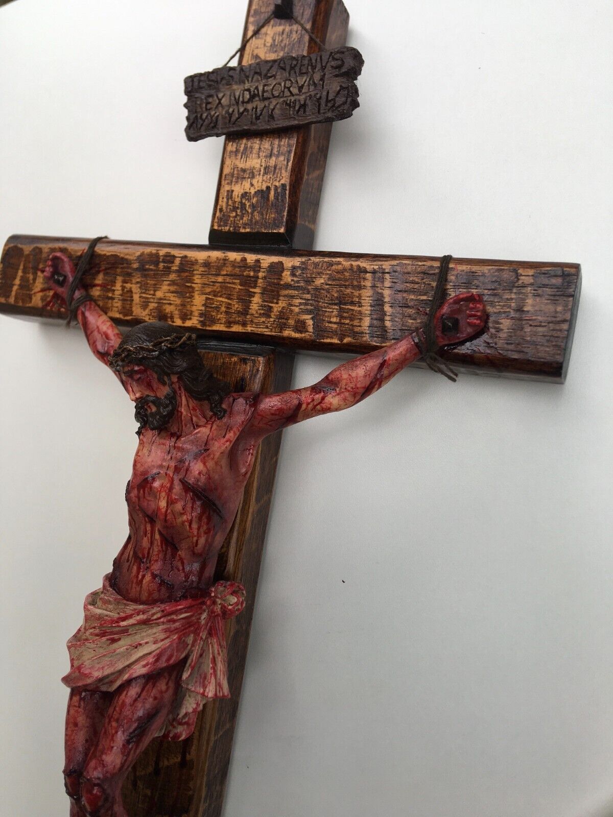 Realistic Crucifix Christ Wound For Meditation, Brown wood, Wall Cross - Art