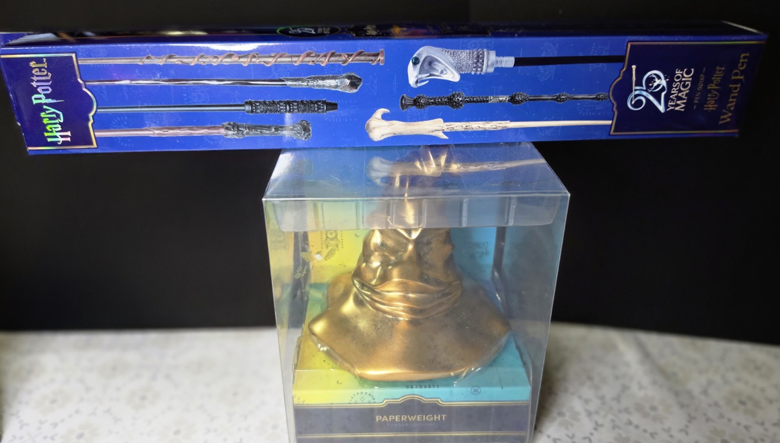 Harry Potter Beast Kingdom 25 Years of Magic Wand Pen & Gold Sorting Hat Bundle